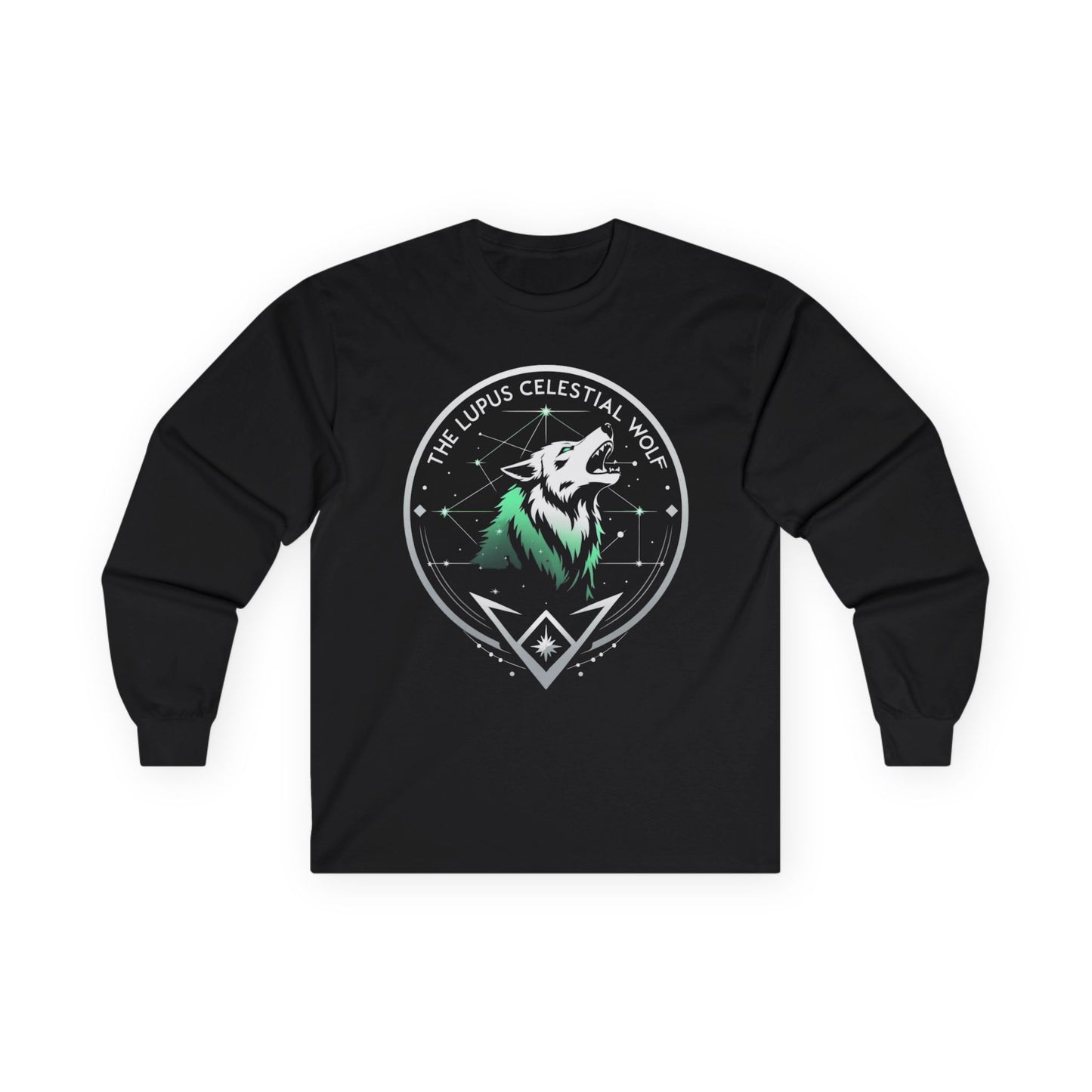 Black long-sleeve shirt with a wolf graphic and text on a white background