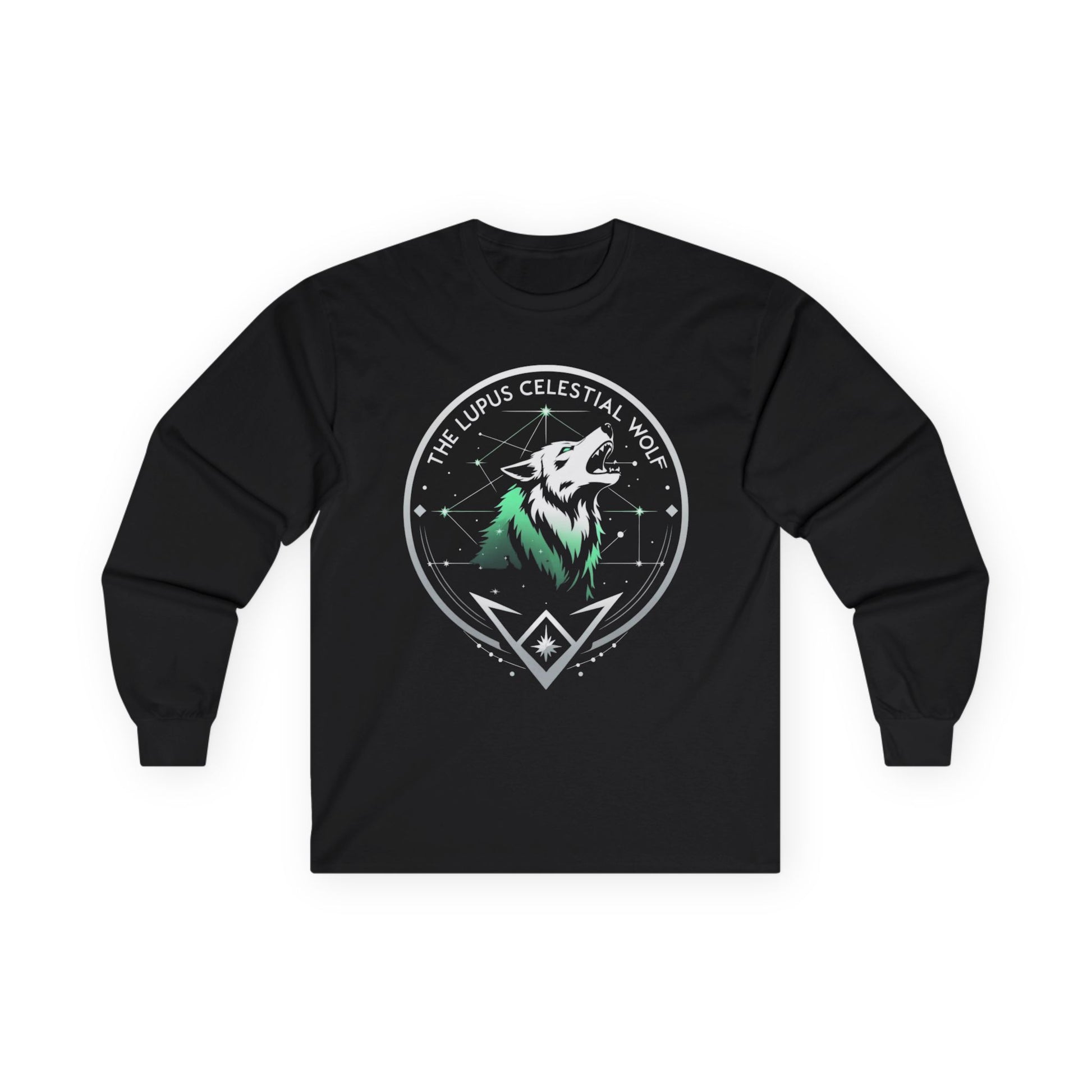 Black long-sleeve shirt with a wolf graphic and text on a white background