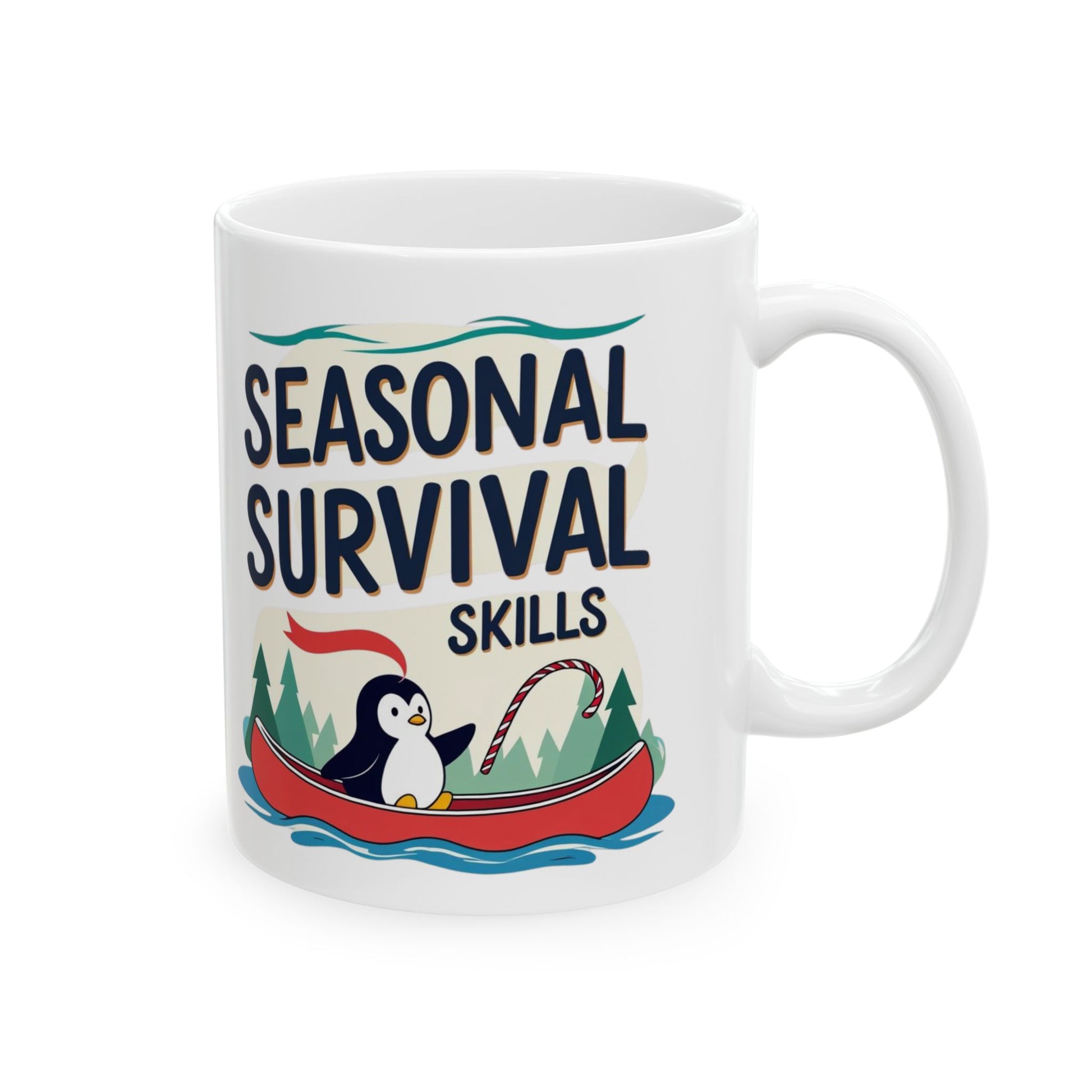 White mug with a penguin design and 'Seasonal Survival Skills' text on a white background