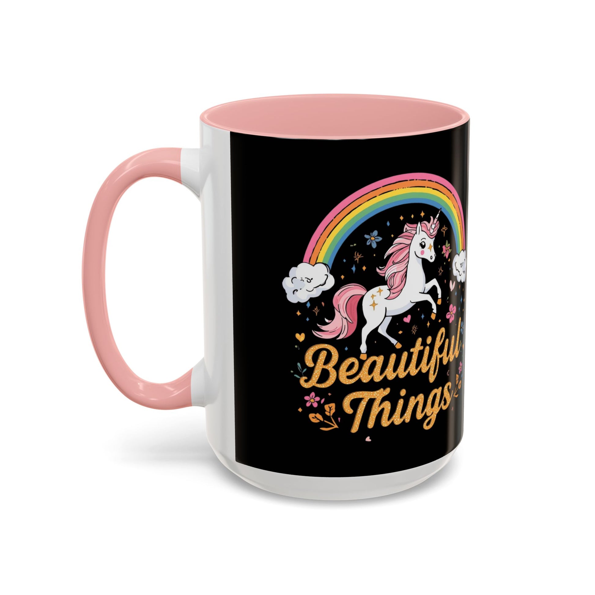 Mug with unicorn and rainbow design on a black background
