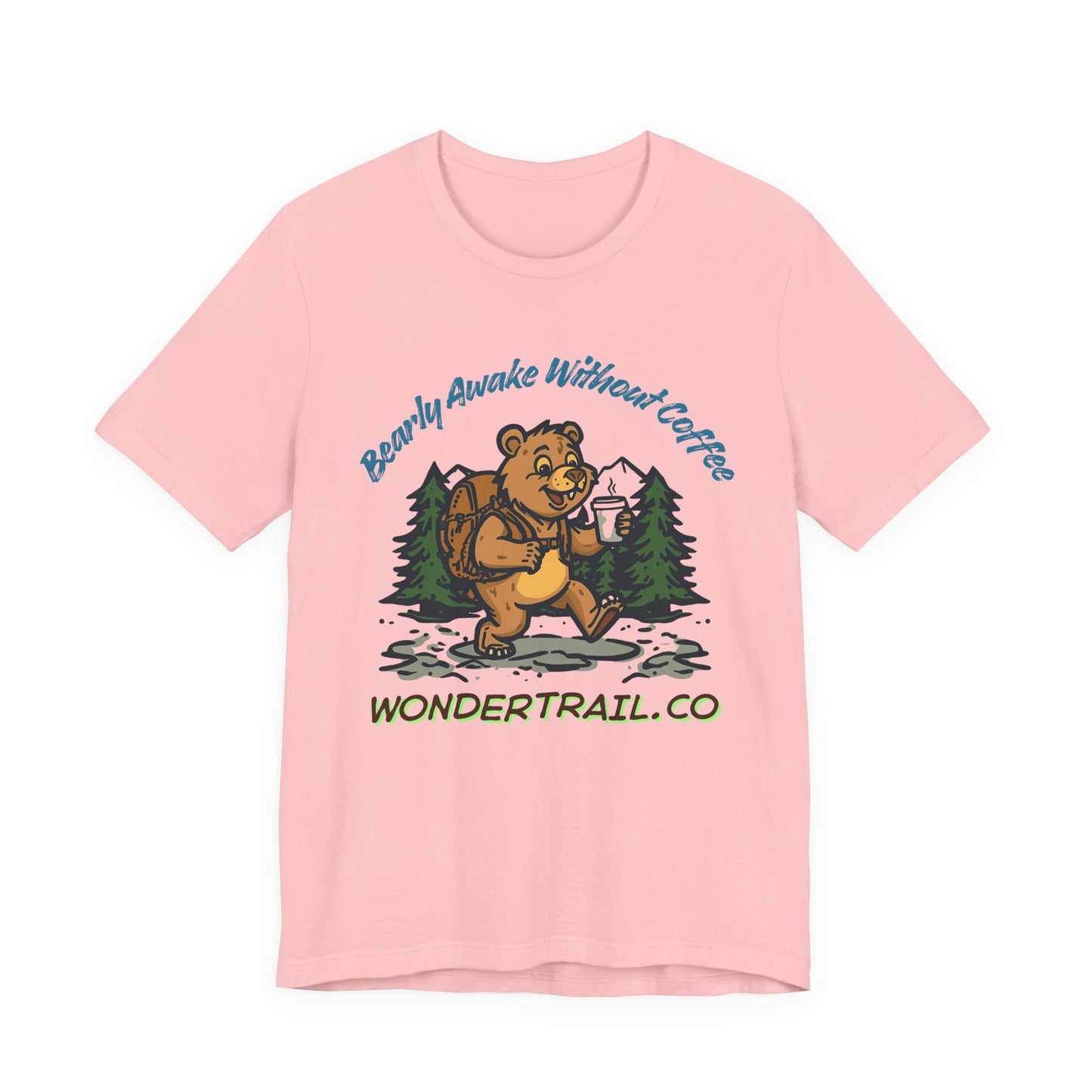 Pink t-shirt with a bear graphic and text on a white background