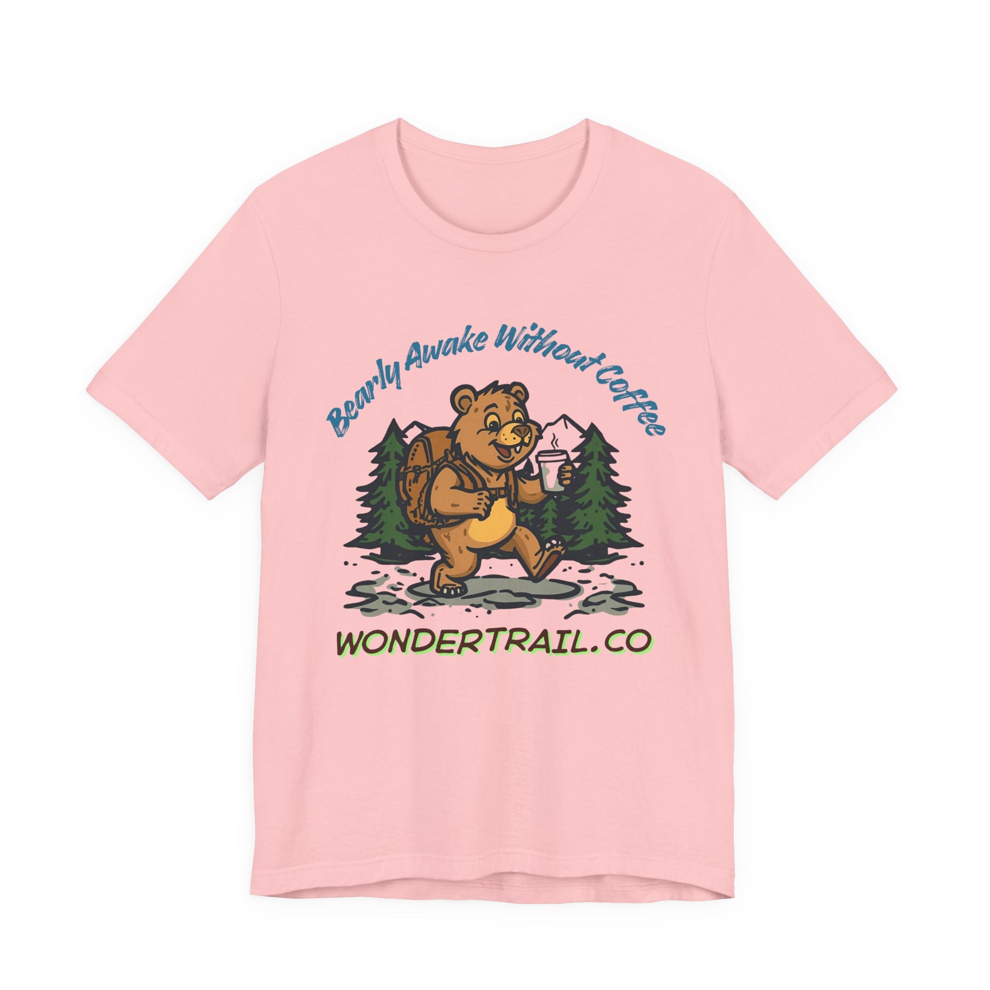 Pink t-shirt with a bear graphic and text on a white background