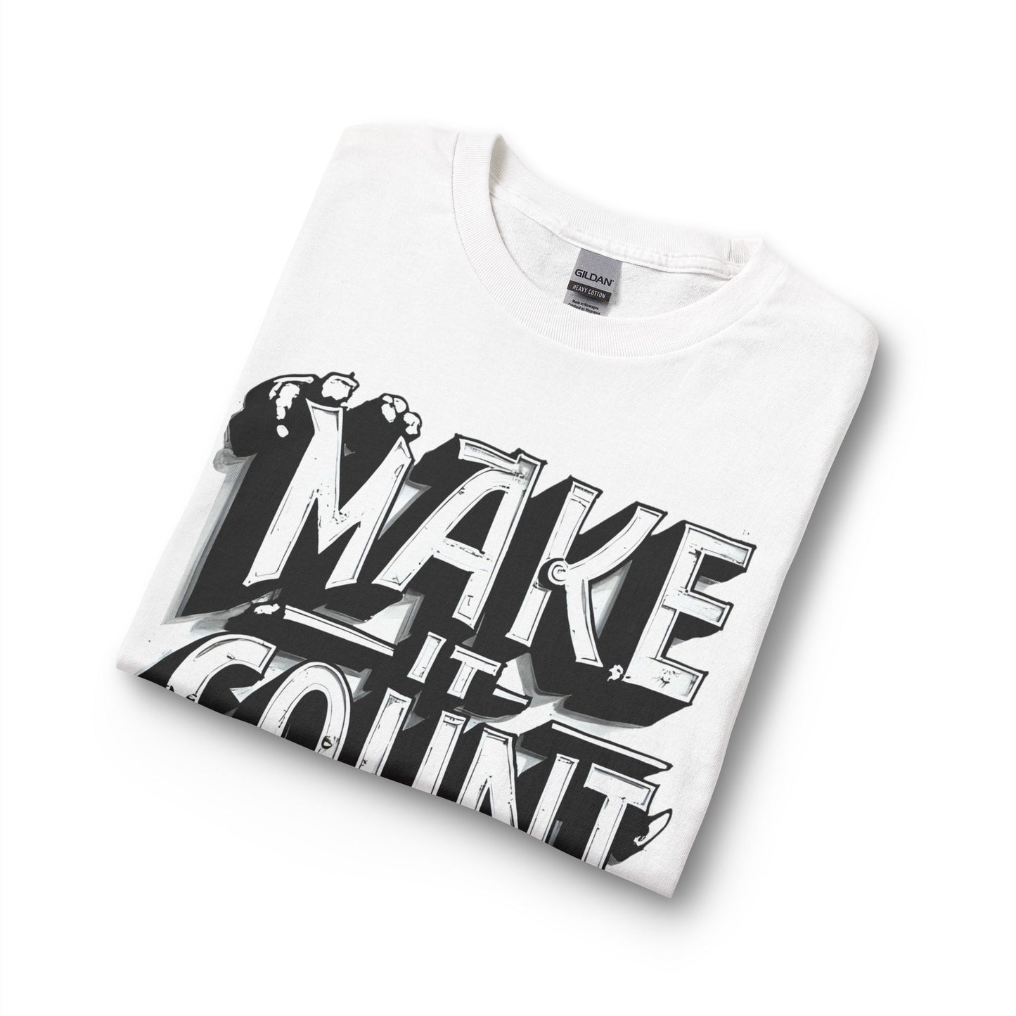 White t-shirt with black graphic design on a white background