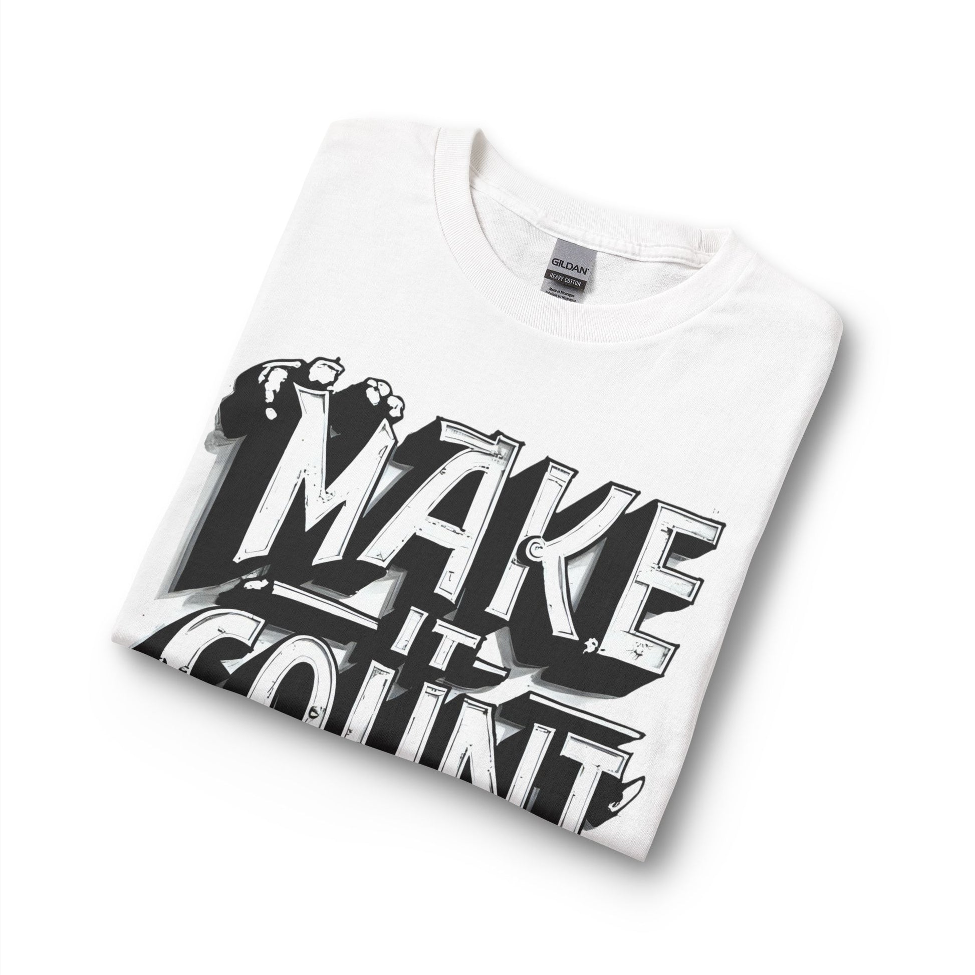 White t-shirt with black graphic design on a white background