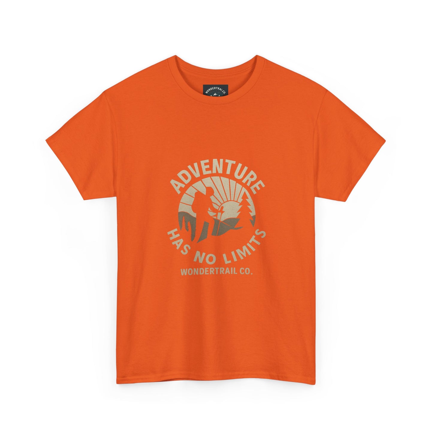 Orange t-shirt with 'Adventure Has No Limits' graphic and Wondertrail Co. logo on a white background