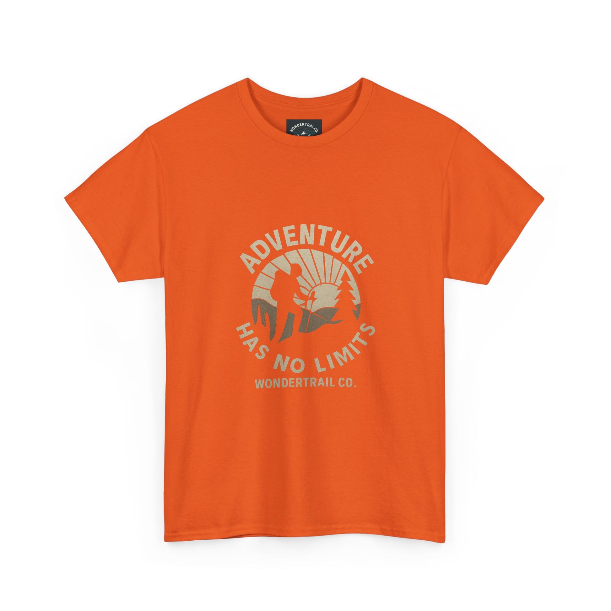 Orange t-shirt with 'Adventure Has No Limits' graphic and Wondertrail Co. logo on a white background