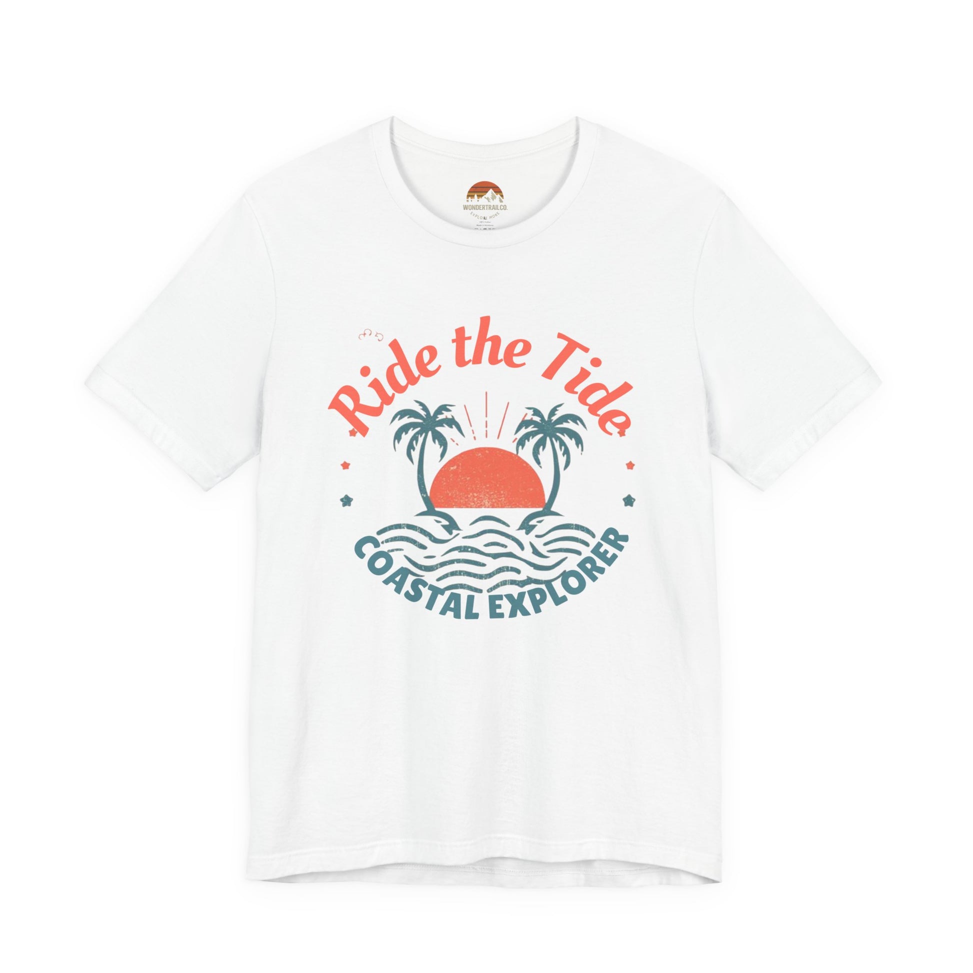 White t-shirt with 'Ride the Tide Coastal Explorer' graphic design on a white background