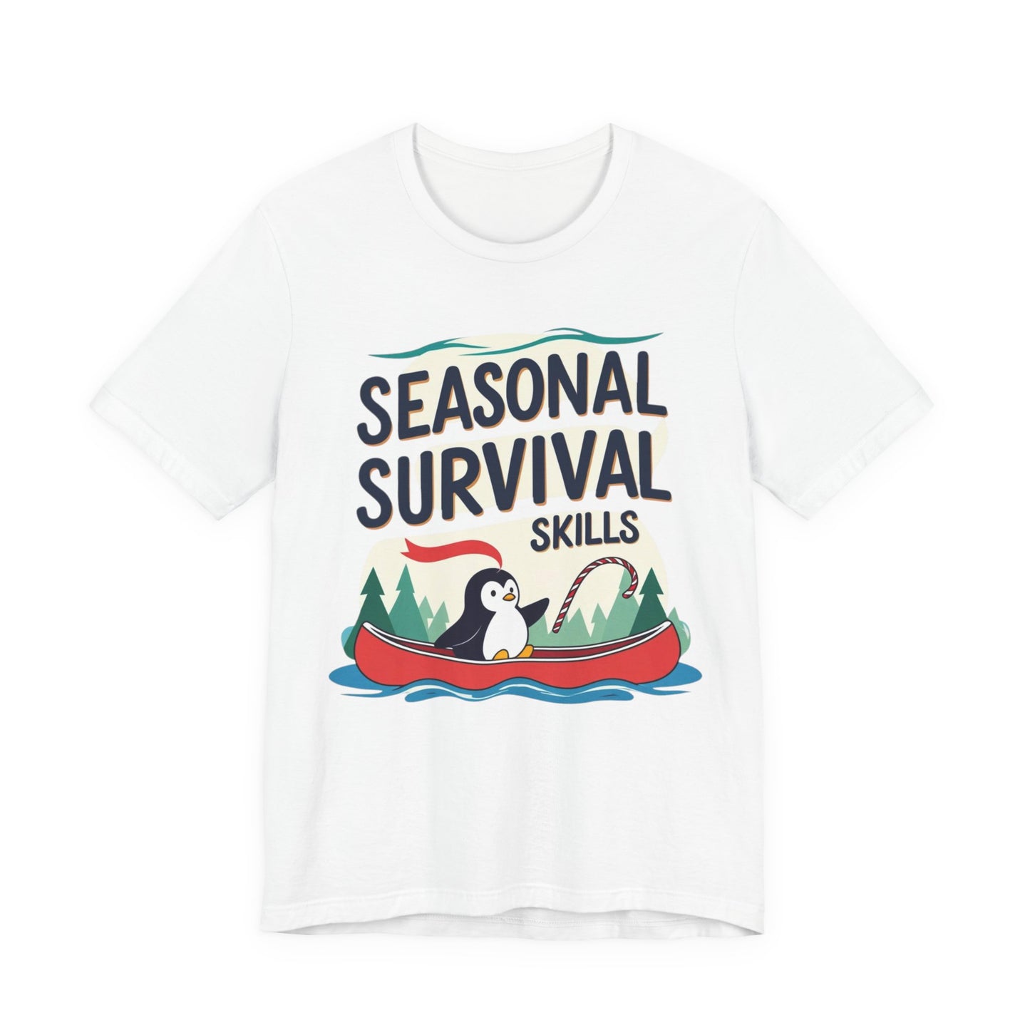White t-shirt with 'Seasonal Survival Skills' graphic featuring a penguin in a red canoe on a white background.