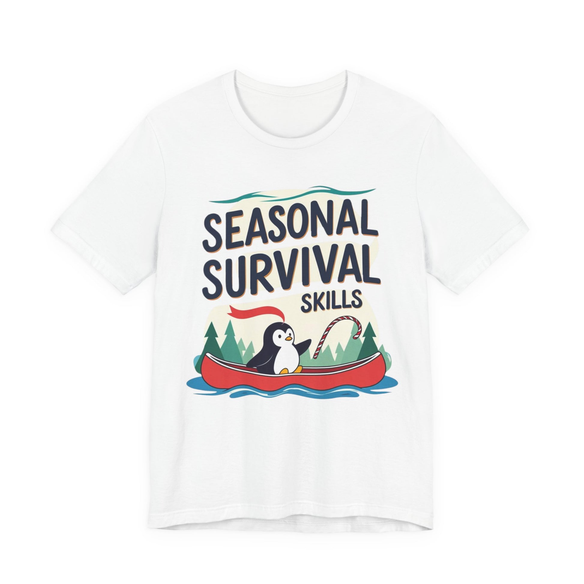 White t-shirt with 'Seasonal Survival Skills' graphic featuring a penguin in a red canoe on a white background.