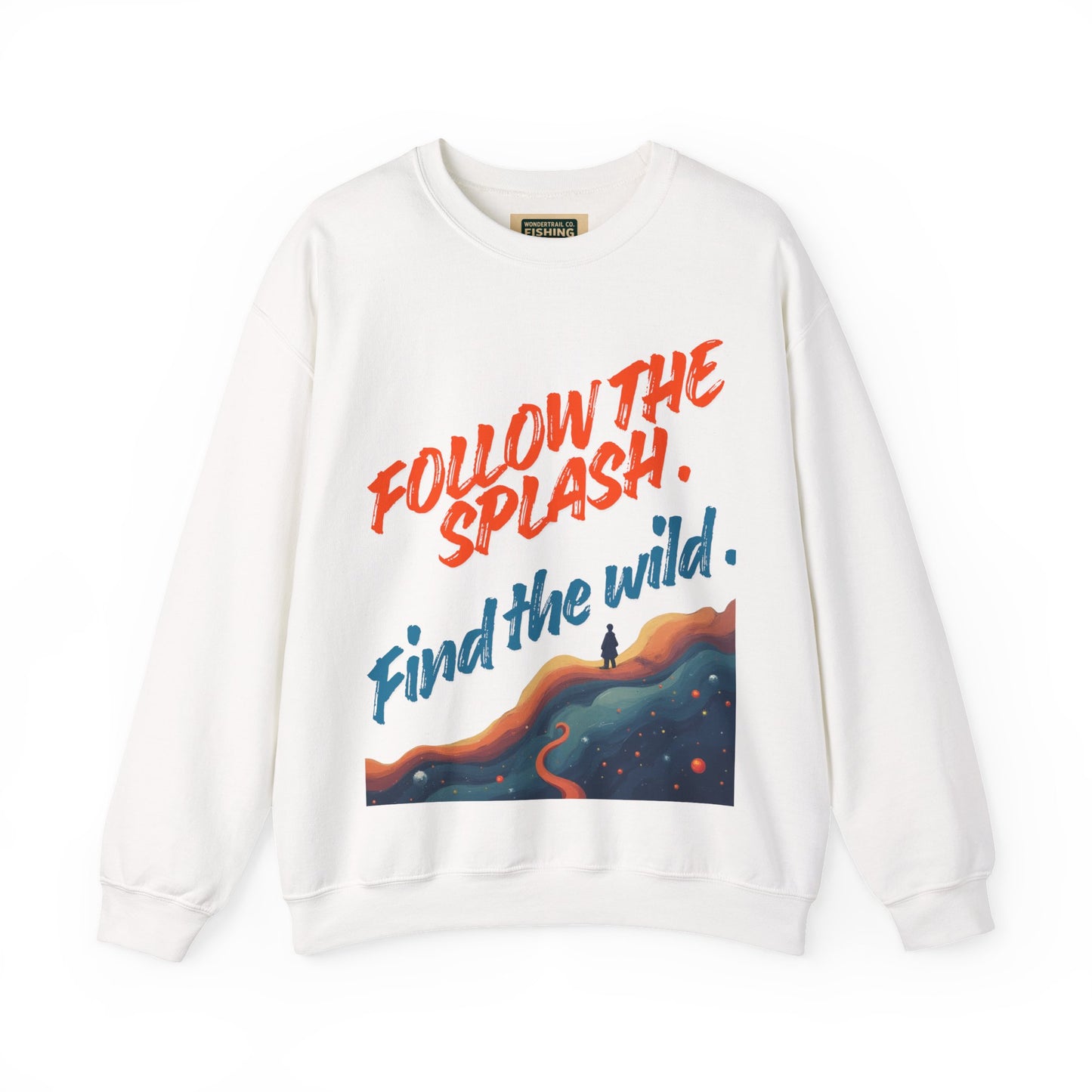 White sweatshirt with 'Follow the Splash. Find the Wild.' text and graphic on a white background