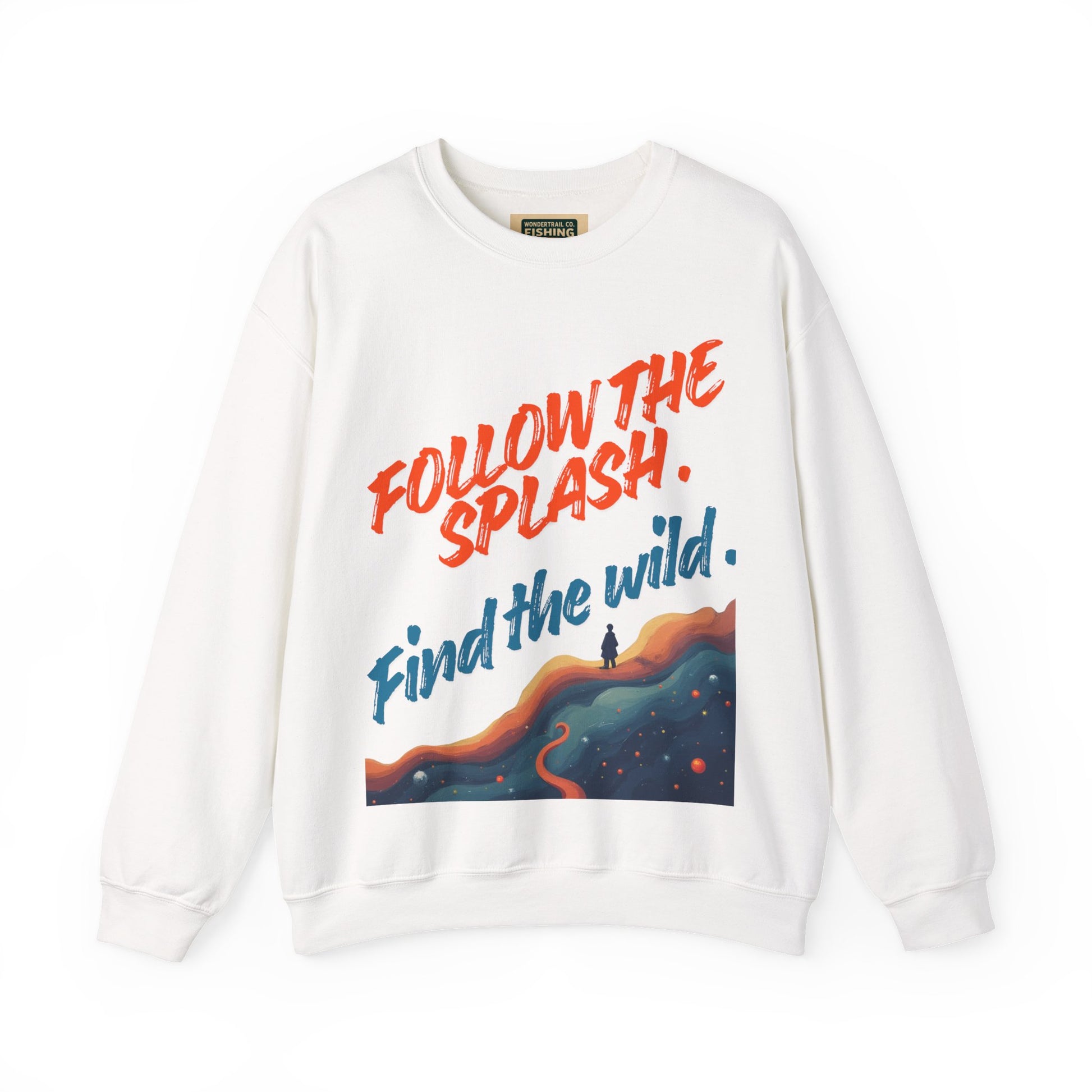 White sweatshirt with 'Follow the Splash. Find the Wild.' text and graphic on a white background