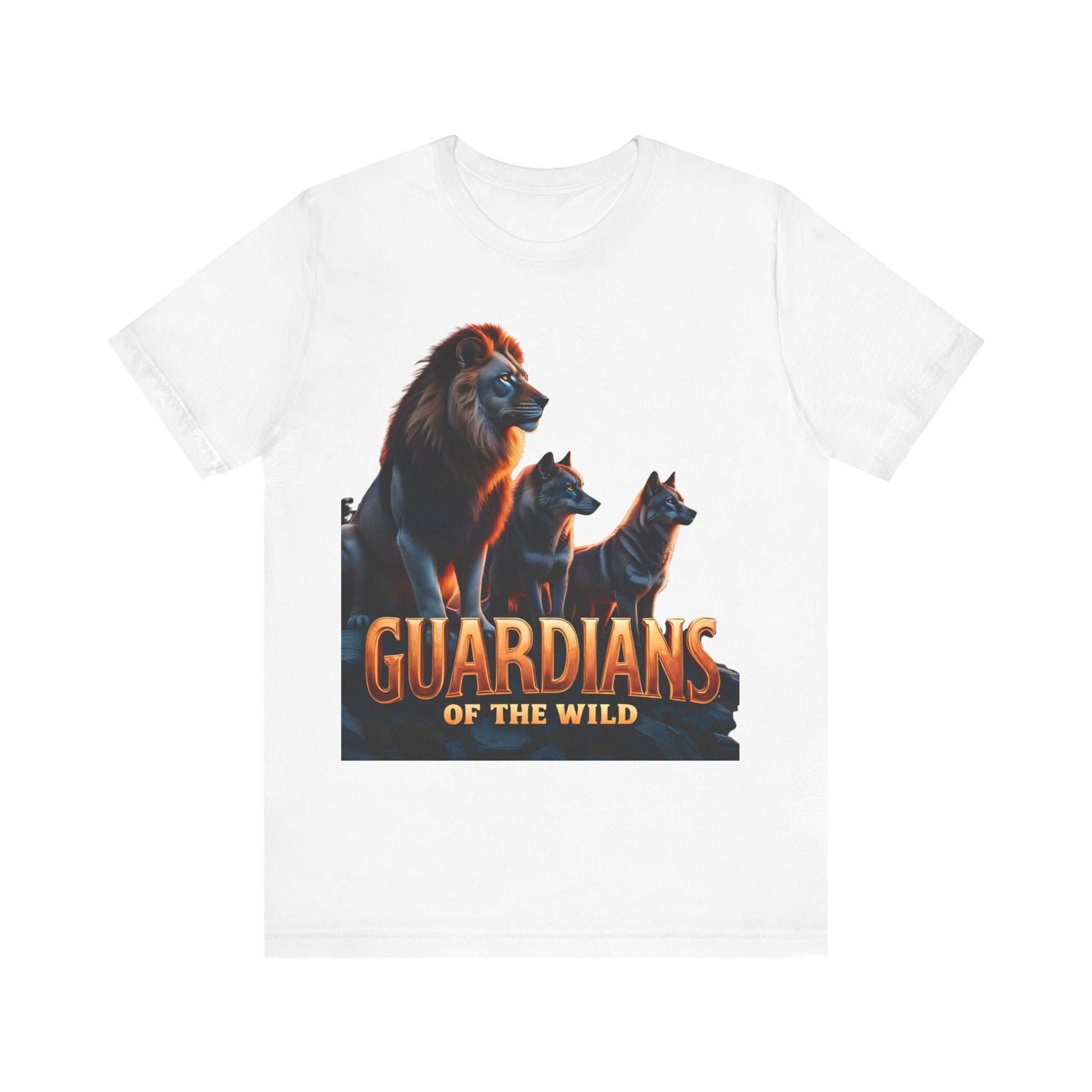 White t-shirt with 'Guardians of the Wild' graphic featuring lions on a white background