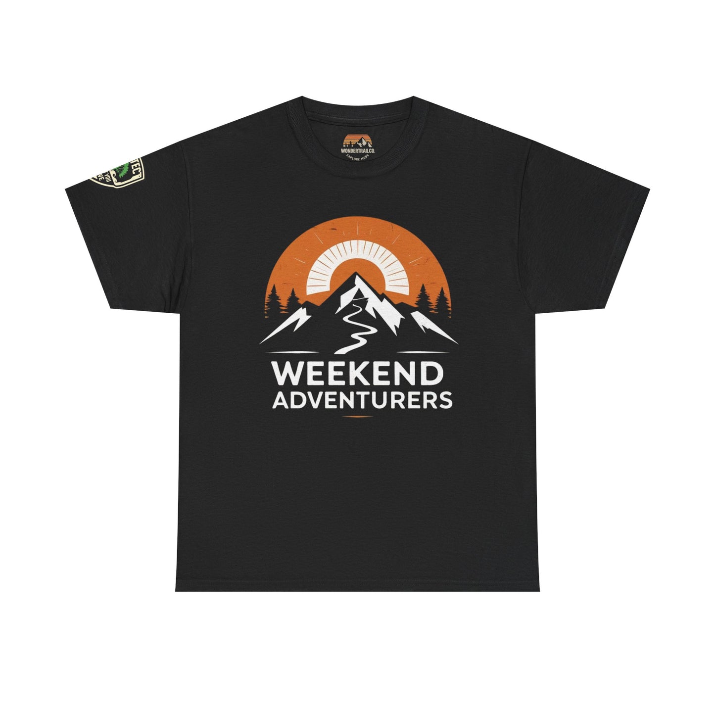Black t-shirt with mountain and sunset design and 'Weekend Adventurers' text on a white background