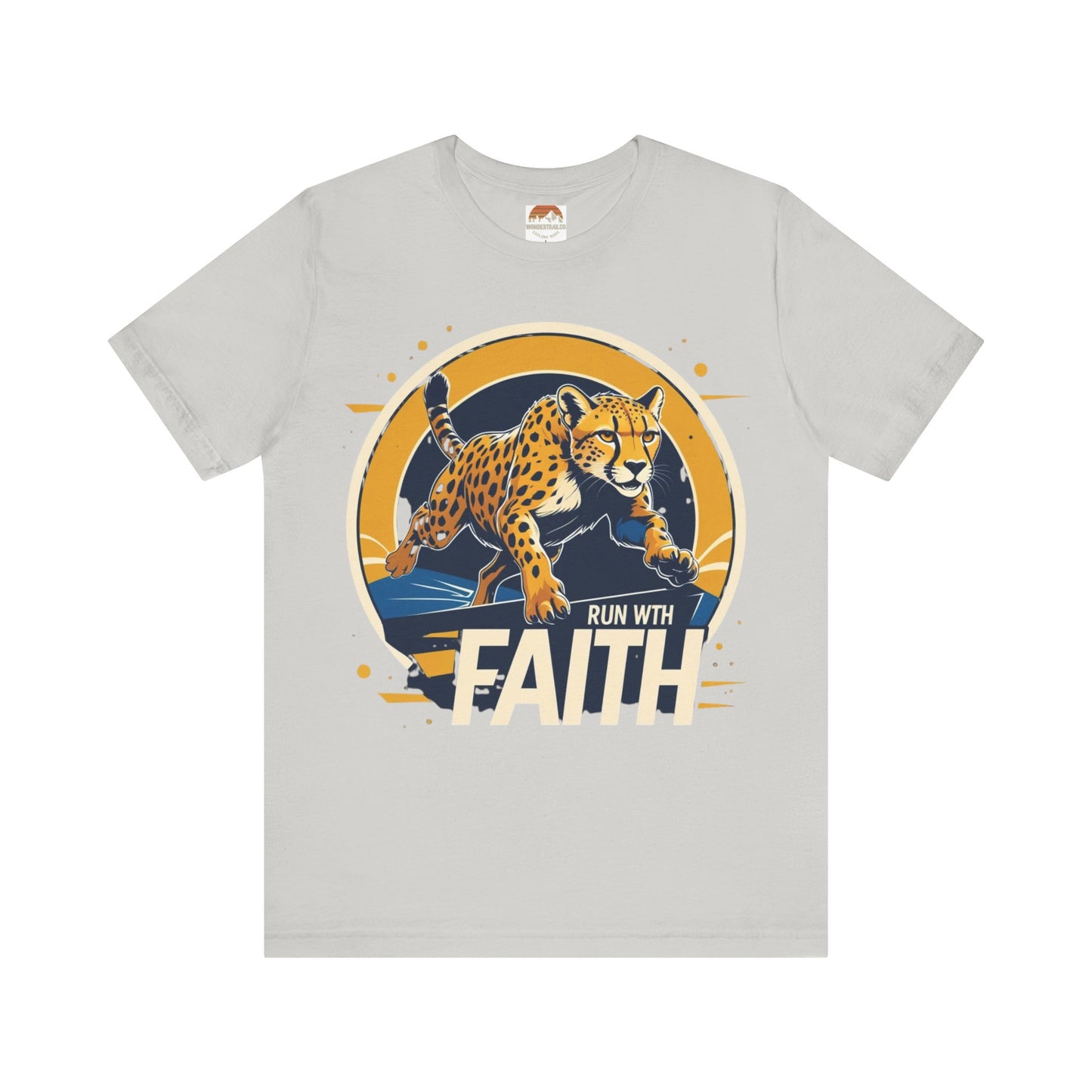 Gray t-shirt with a cheetah graphic and 'Run with Faith' text on a white background