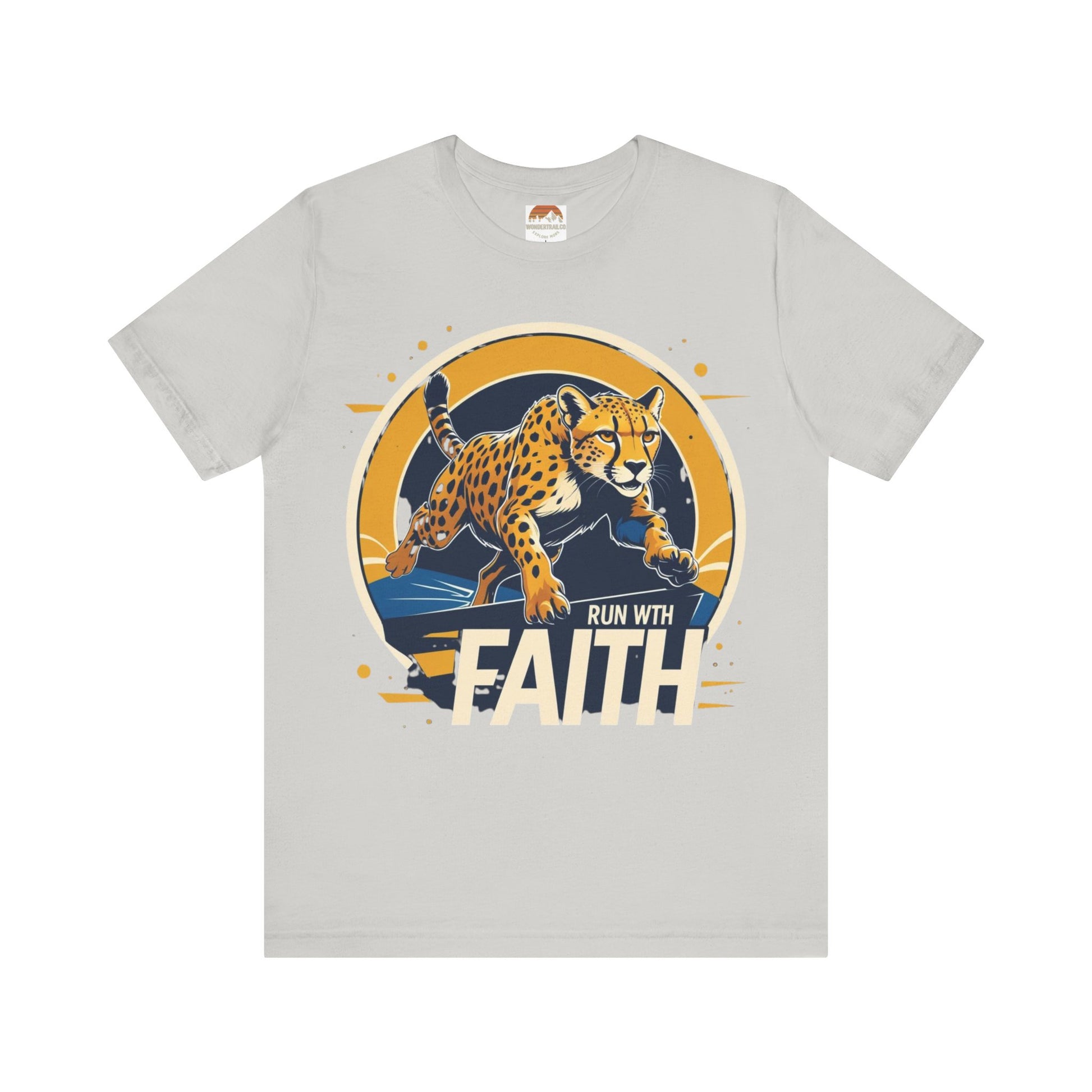 Gray t-shirt with a cheetah graphic and 'Run with Faith' text on a white background