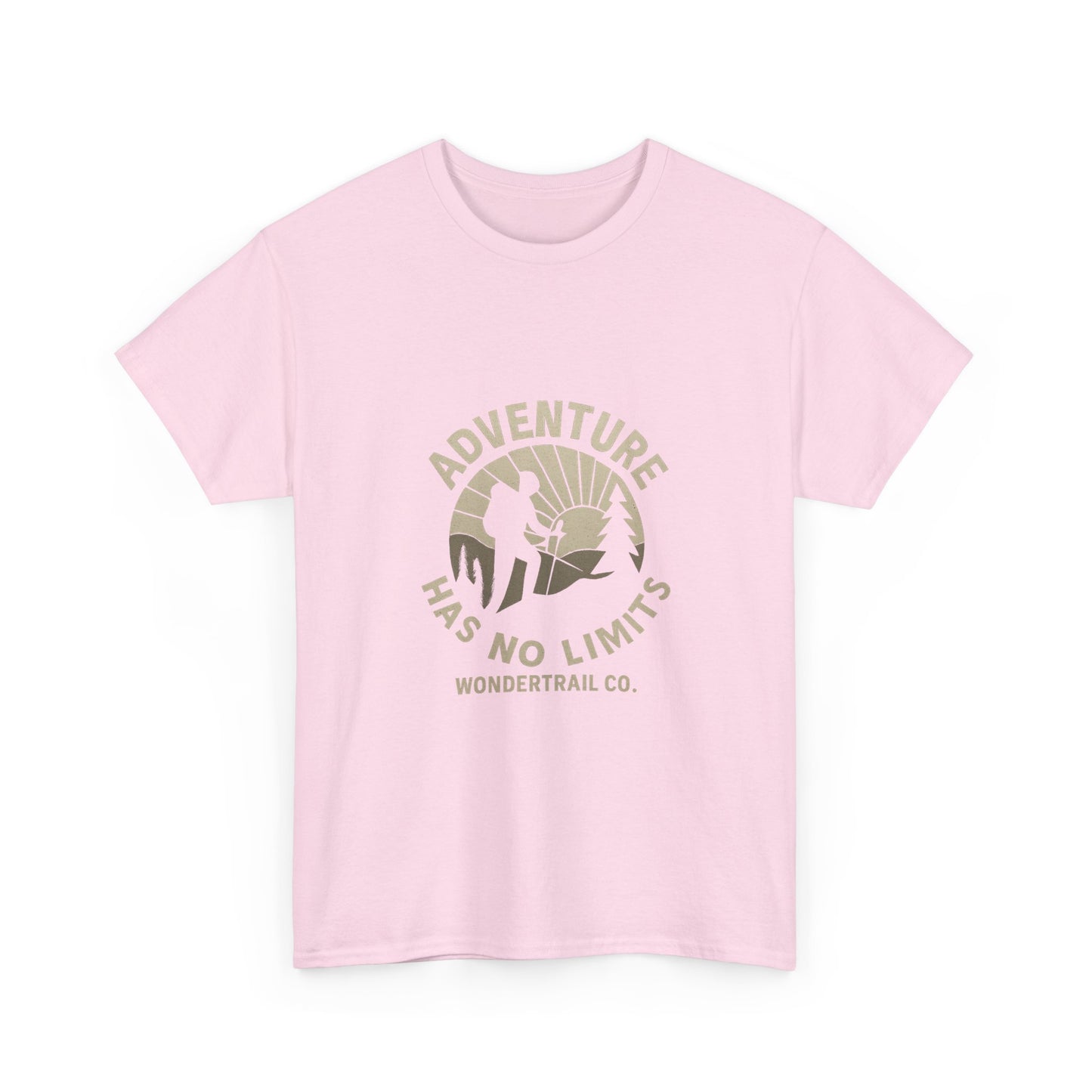 Pink t-shirt with 'Adventure Has No Limits' graphic and Wondertrail Co. text on a white background