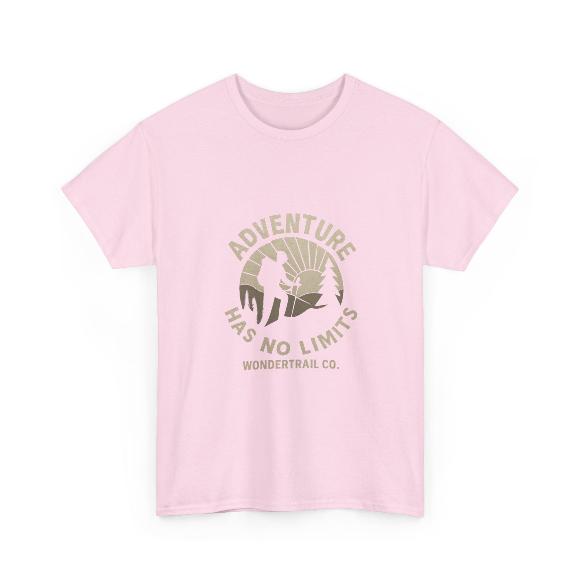 Pink t-shirt with 'Adventure Has No Limits' graphic and Wondertrail Co. text on a white background