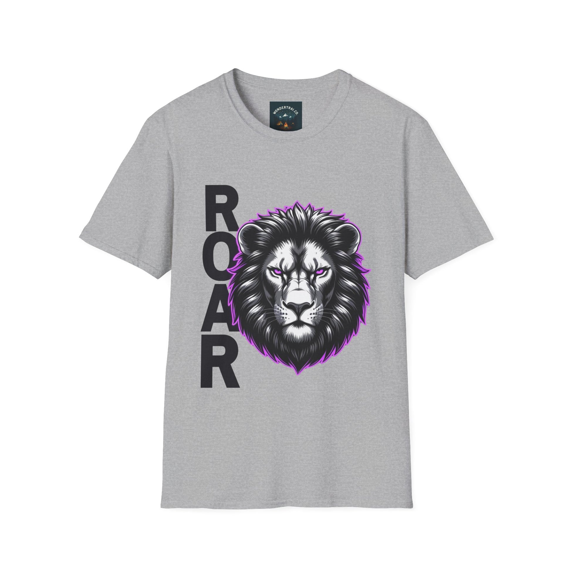 Gray t-shirt with a lion graphic and 'ROAR' text on a white background
