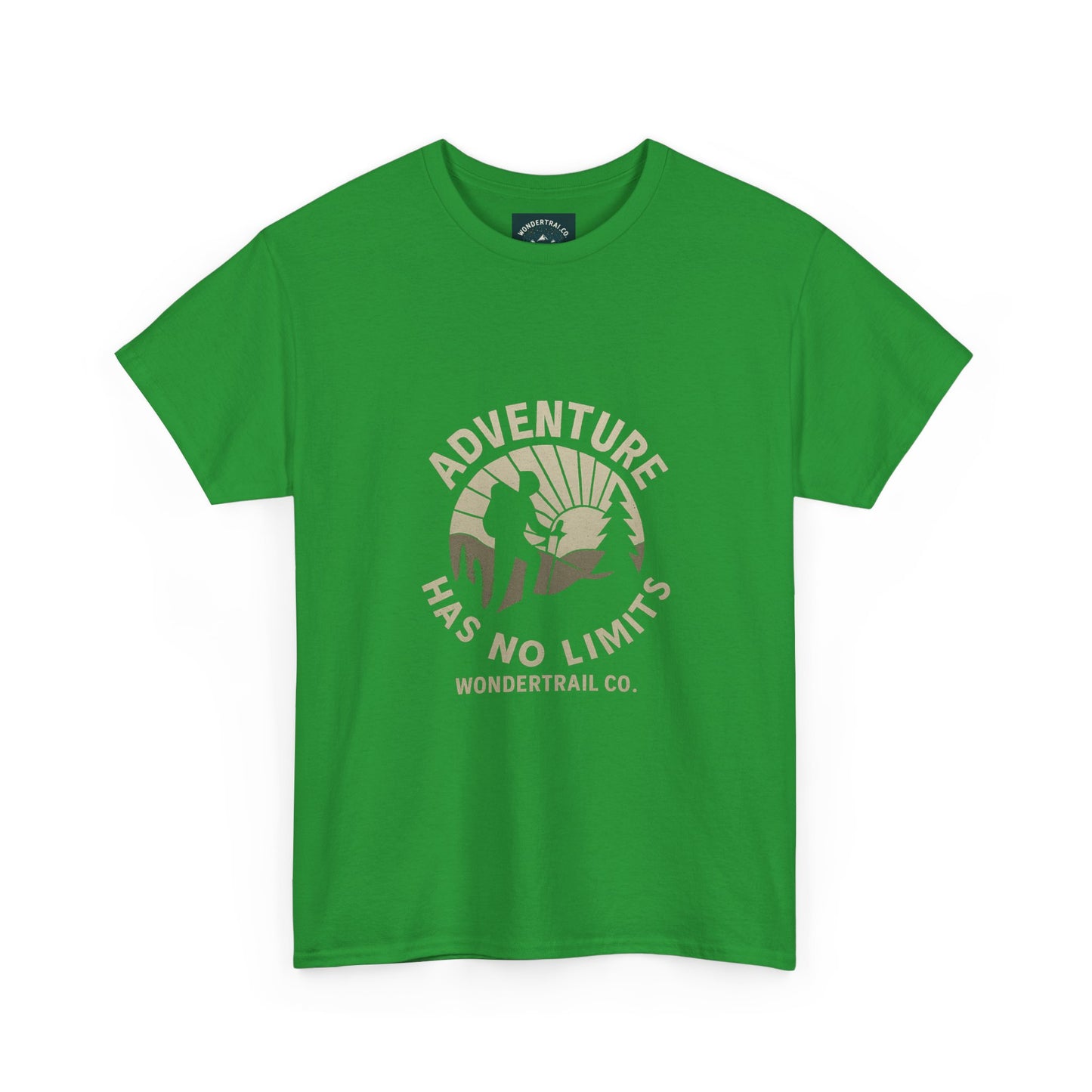 Green t-shirt with 'Adventure Has No Limits' graphic and Wondertrail Co. logo on a white background