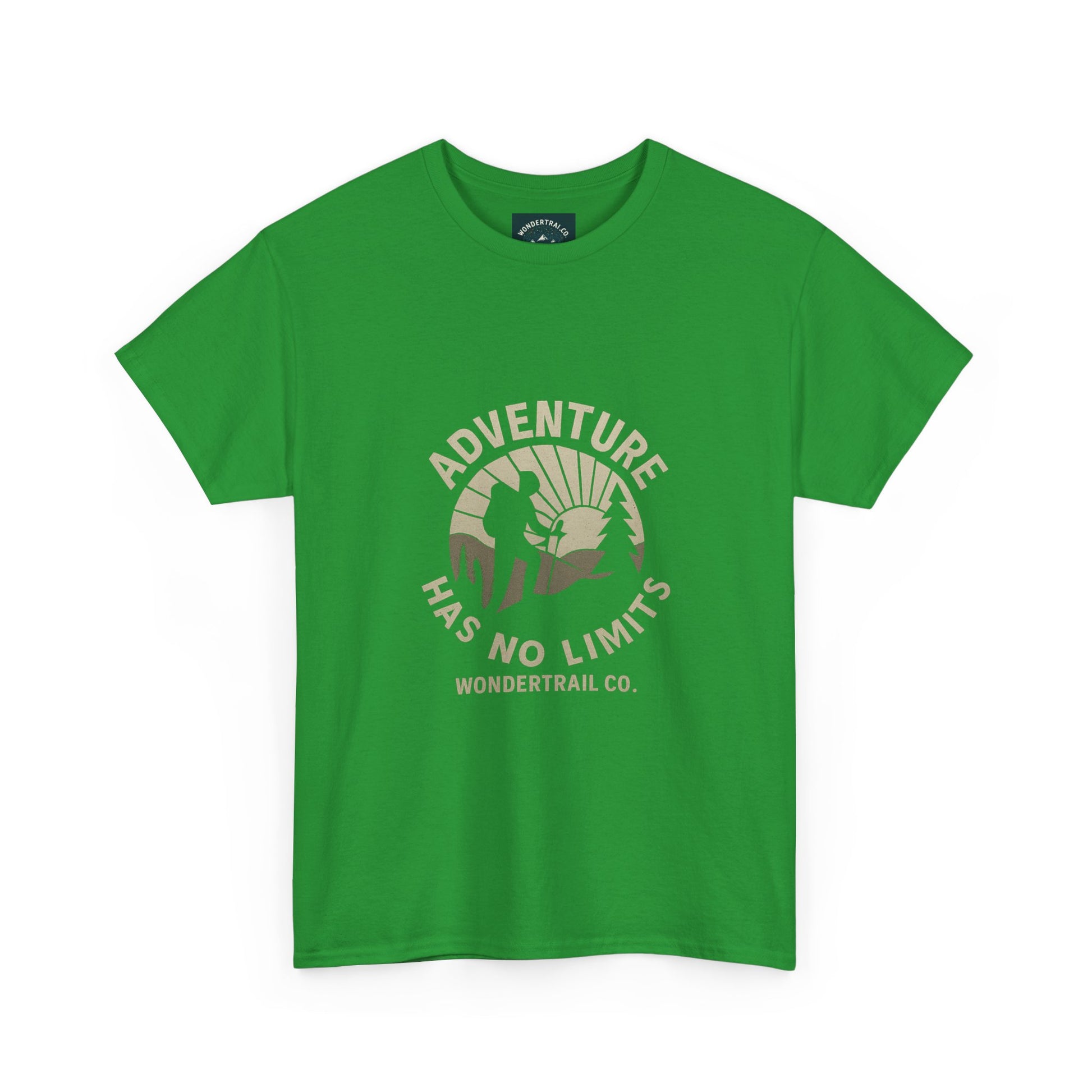 Green t-shirt with 'Adventure Has No Limits' graphic and Wondertrail Co. logo on a white background