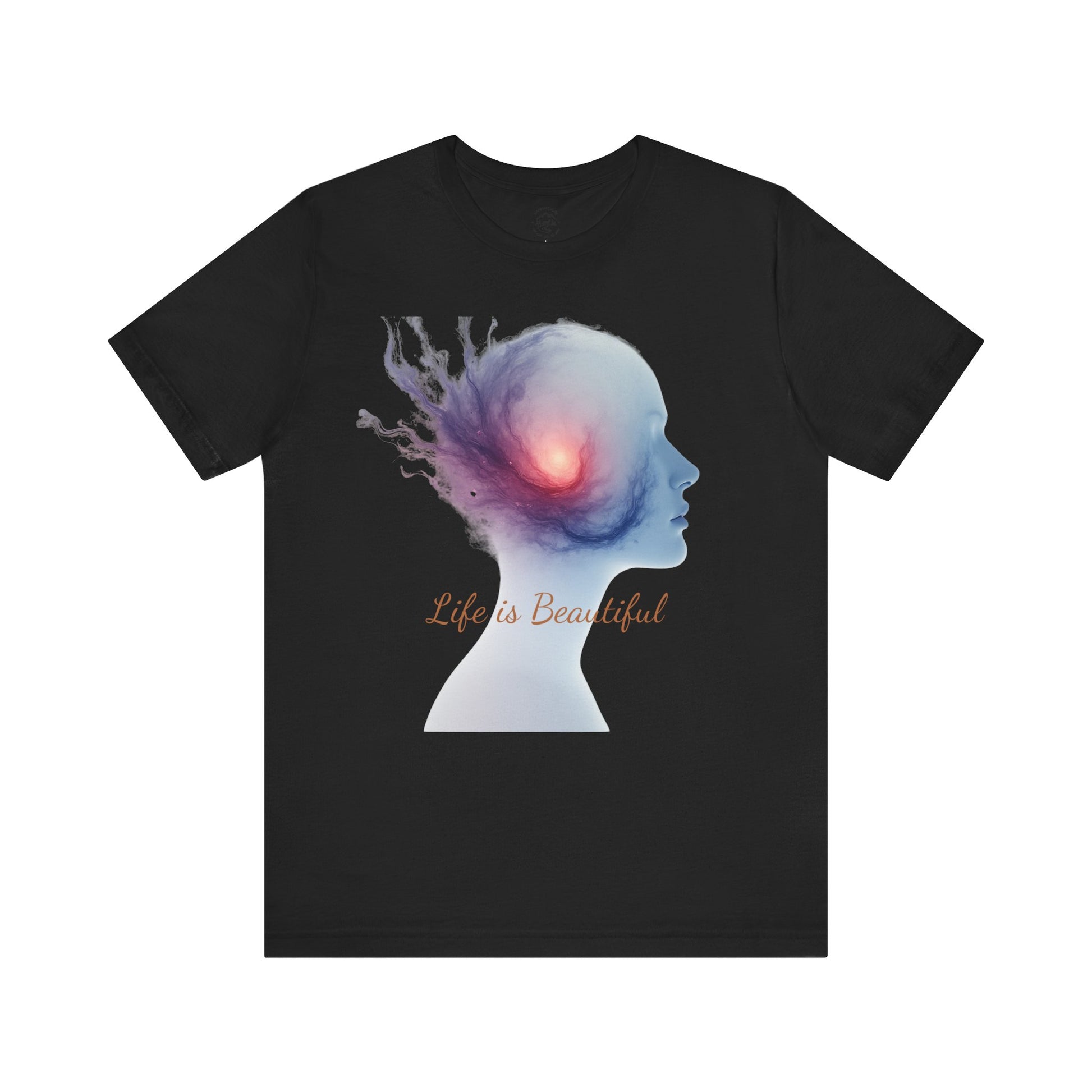 Black t-shirt with a colorful brain design and 'Life is Beautiful' text on a white background