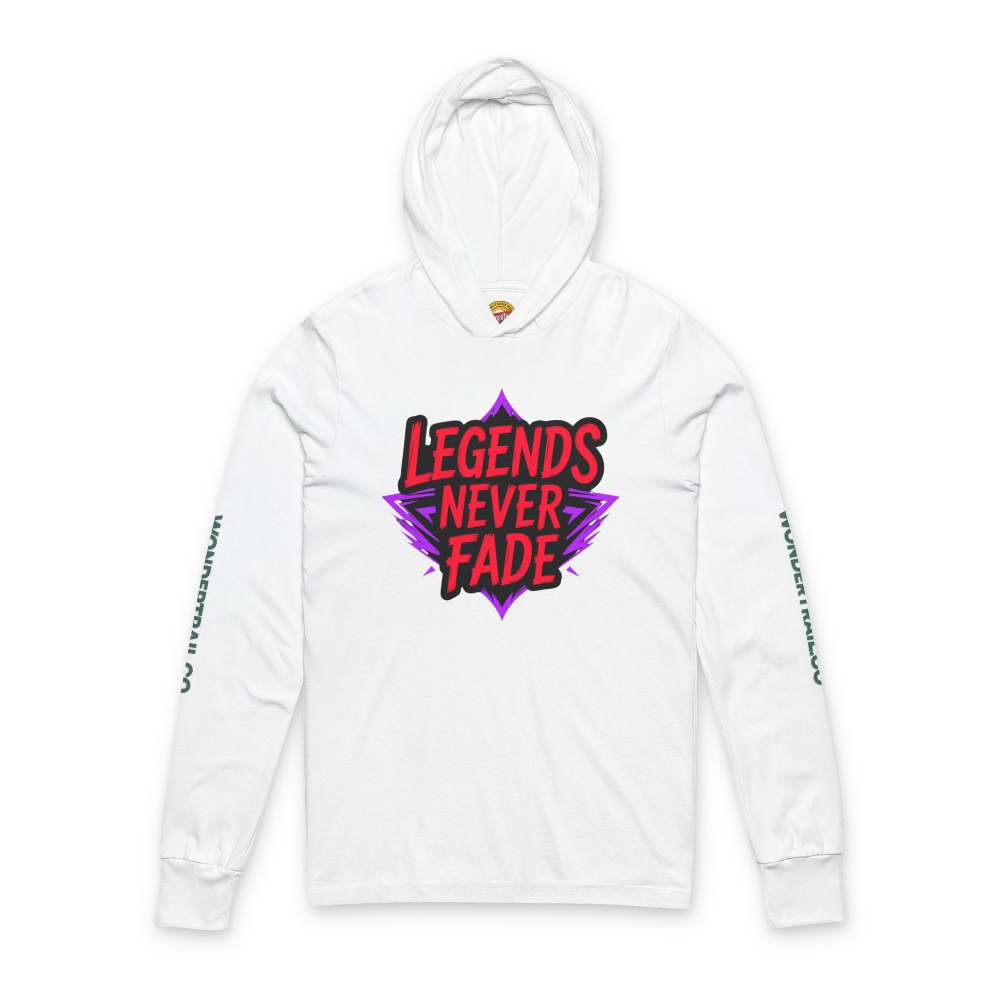 White hoodie with 'Legends Never Fade' graphic on a white background