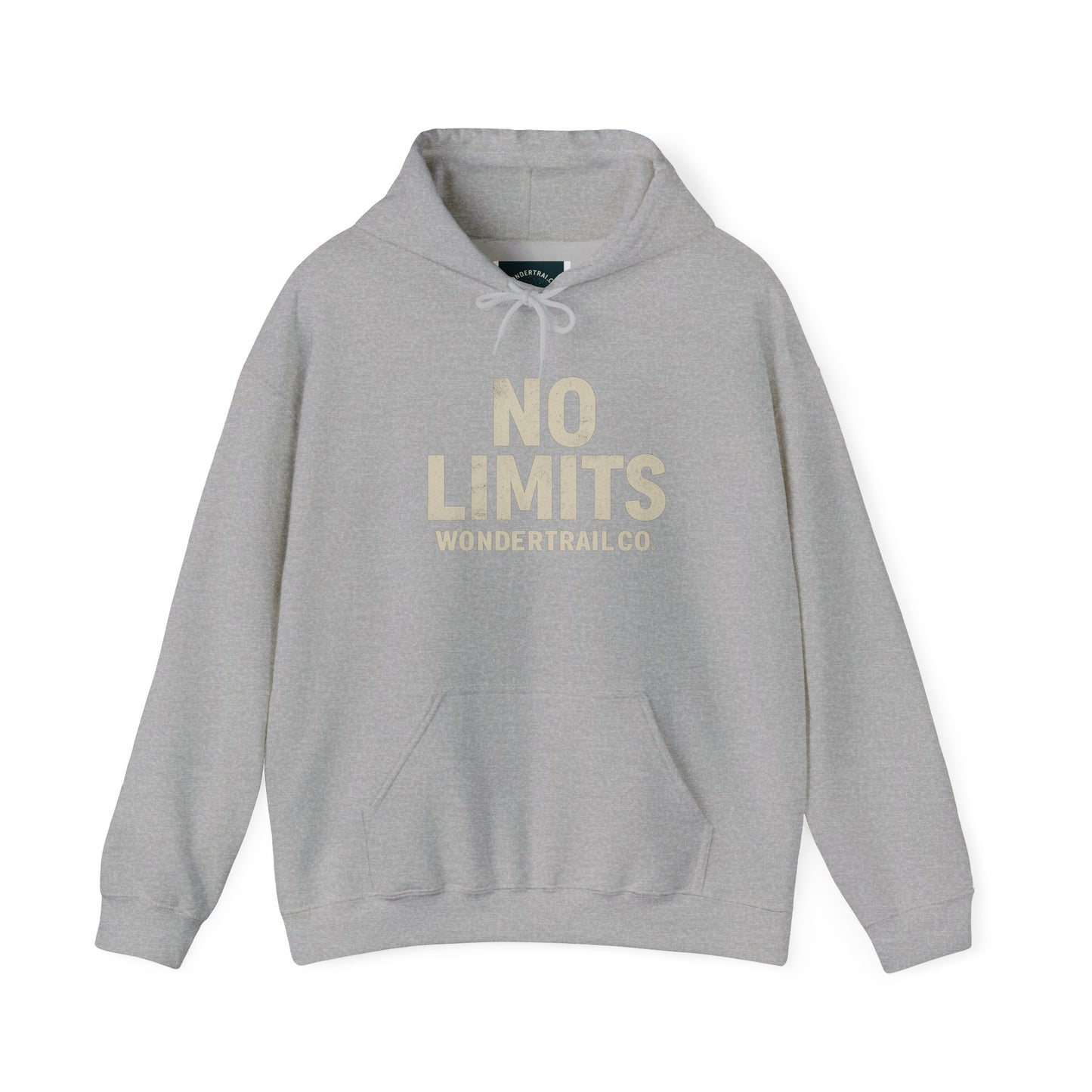 Gray hoodie with 'NO LIMITS' text on a white background
