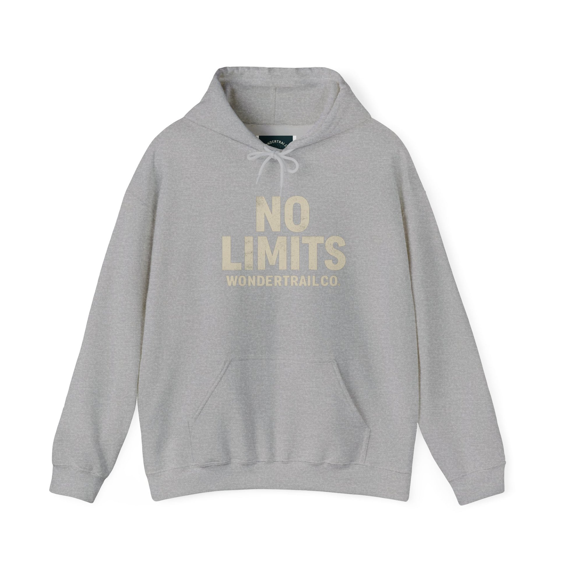 Gray hoodie with 'NO LIMITS' text on a white background