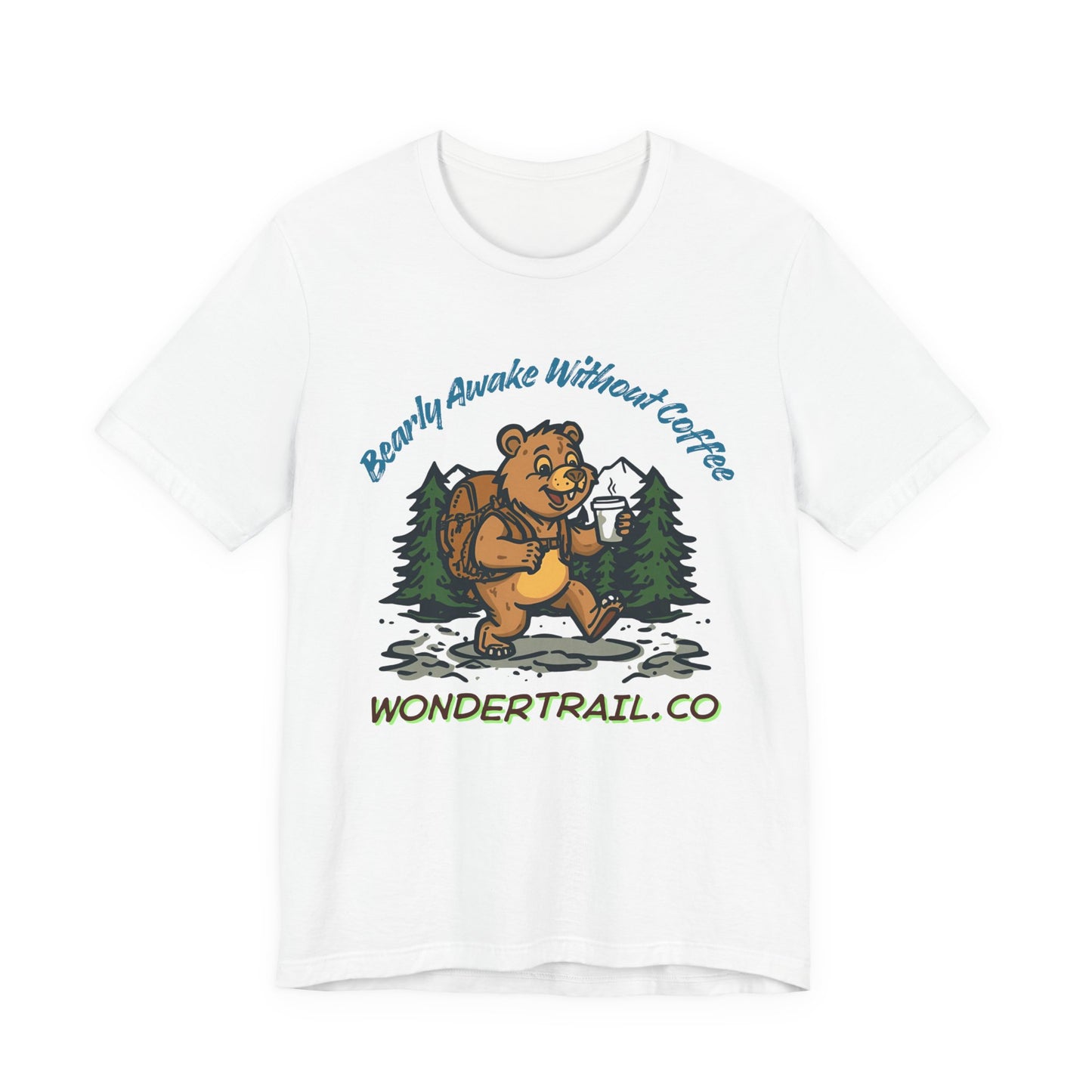 White t-shirt with a bear graphic and text on a white background