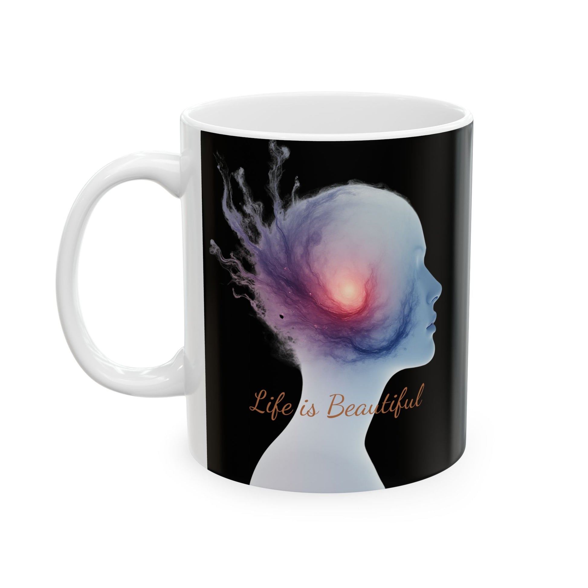 Mug with artistic design of a silhouette and 'Life is Beautiful' text on a black background