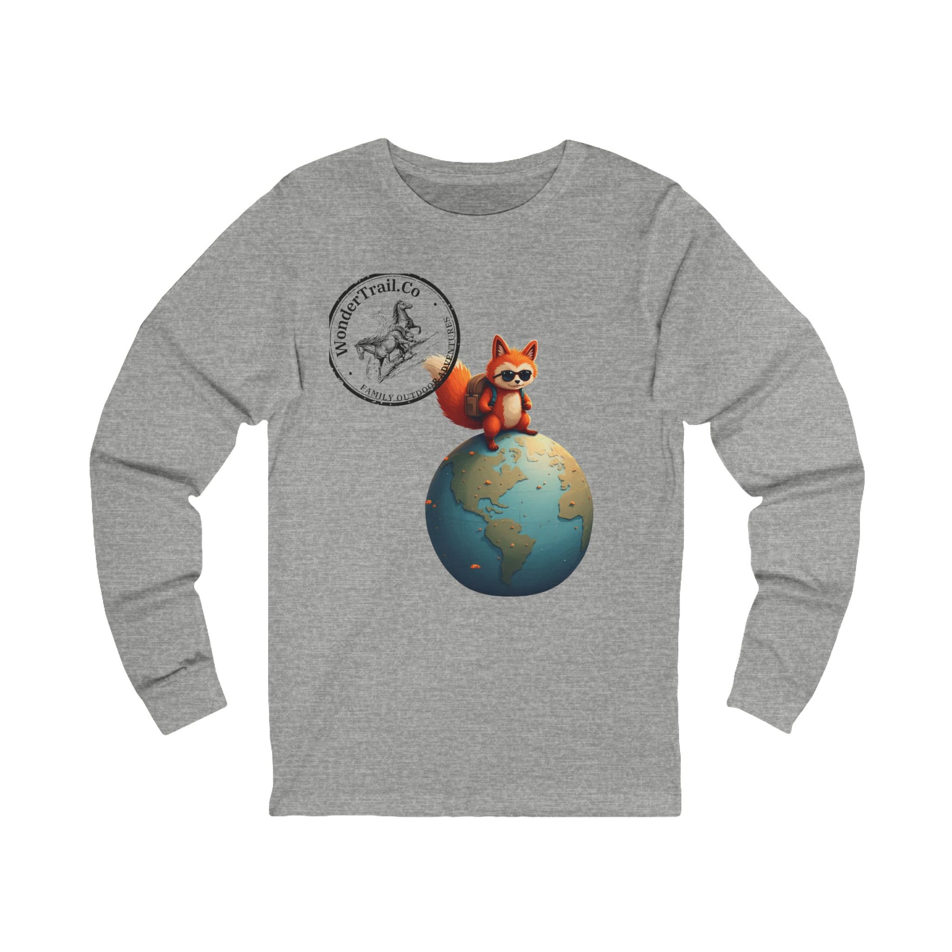 Gray long-sleeve shirt with a fox design on a world map, on a white background