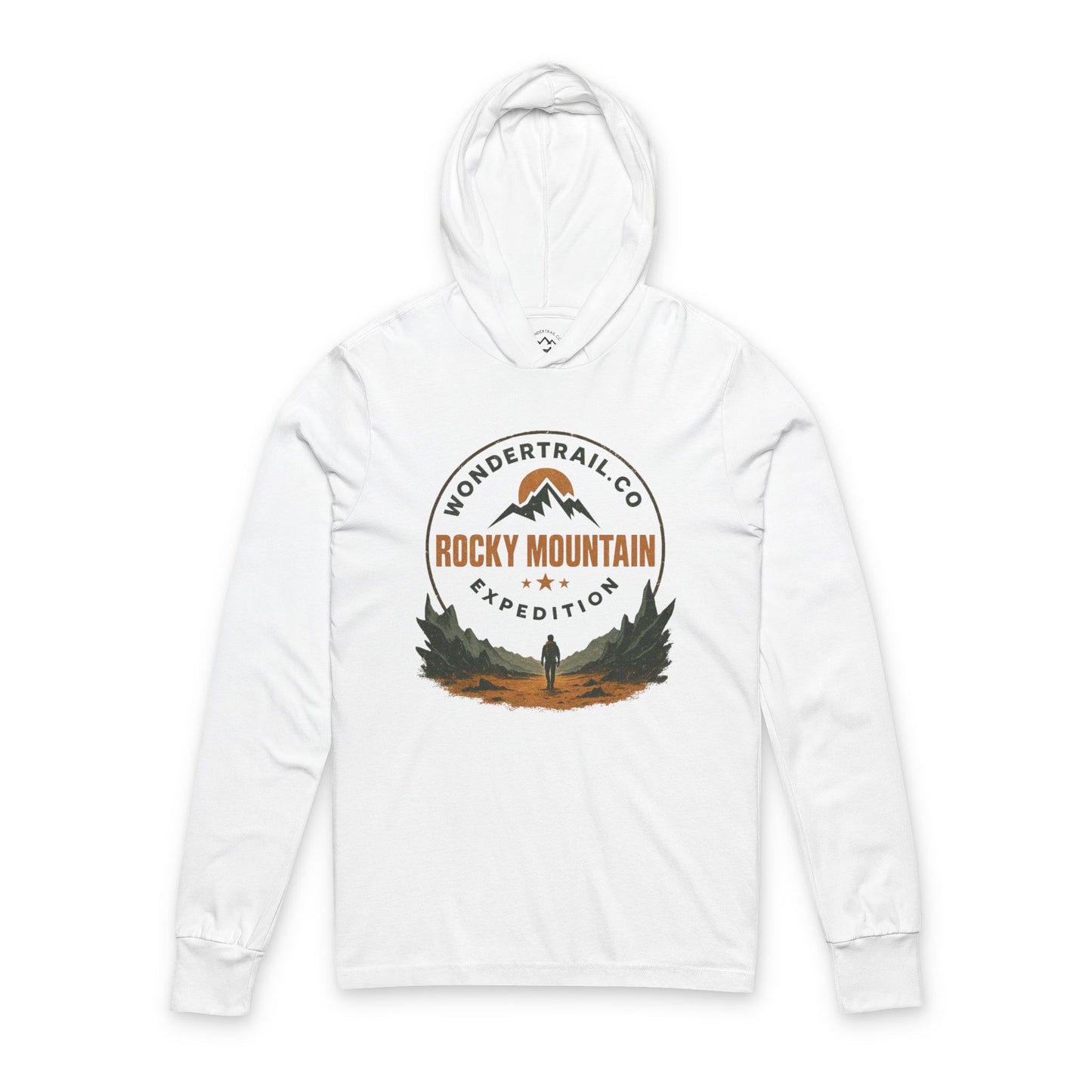 White hoodie with Rocky Mountain Expedition graphic on a white background