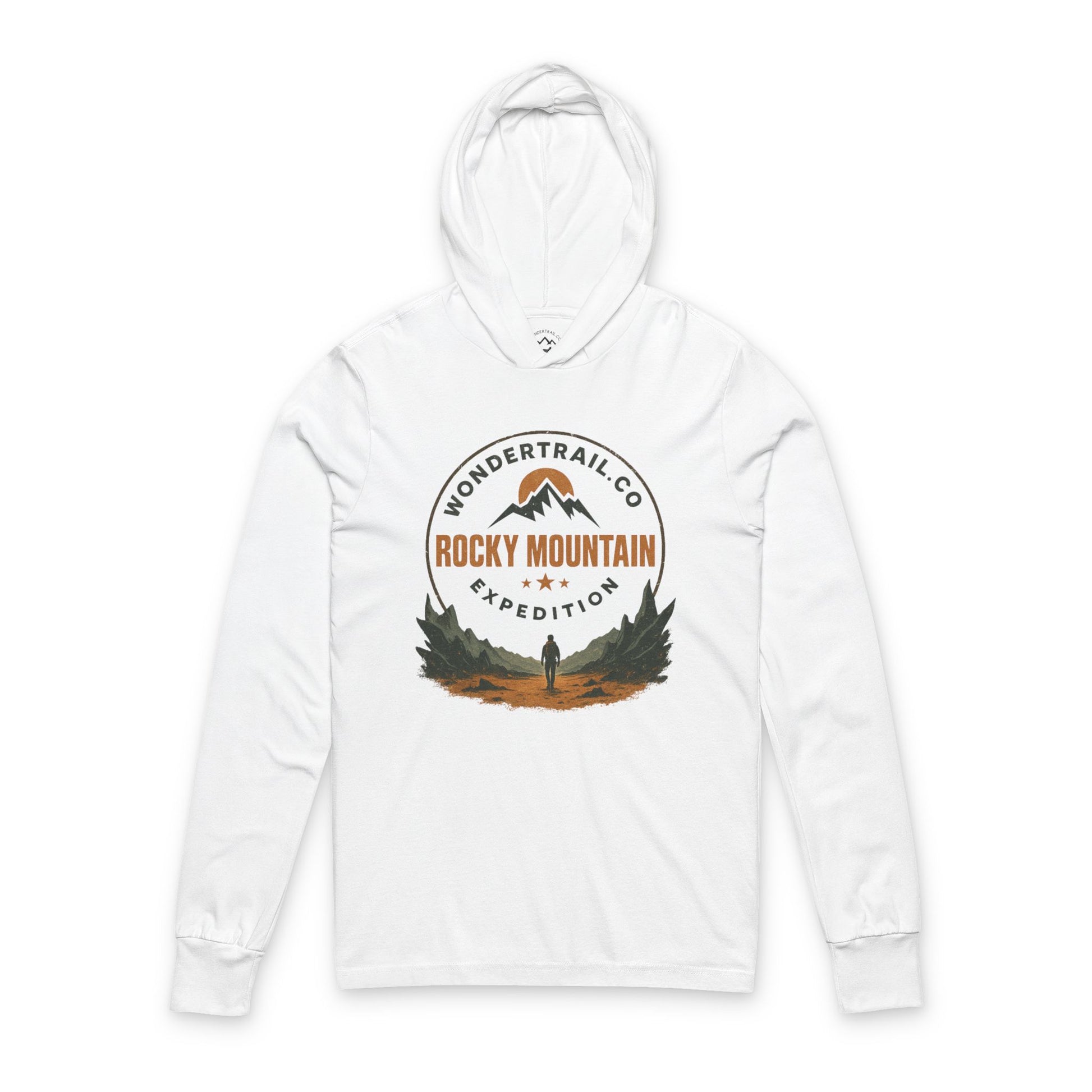 White hoodie with Rocky Mountain Expedition graphic on a white background