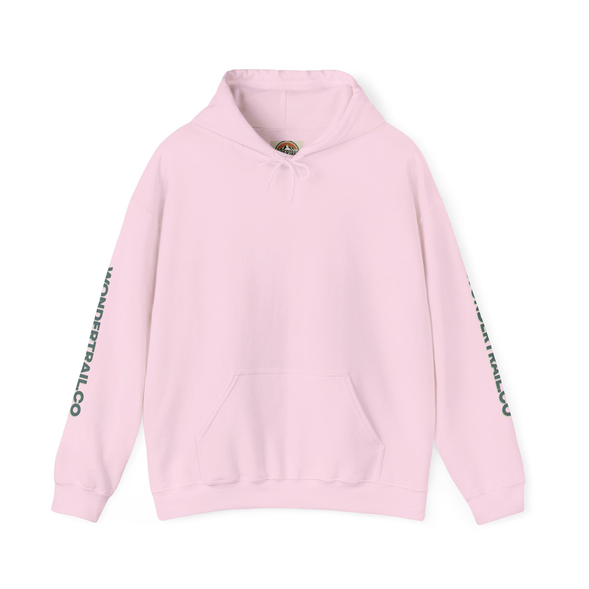 Pink hoodie with text on sleeves on a white background