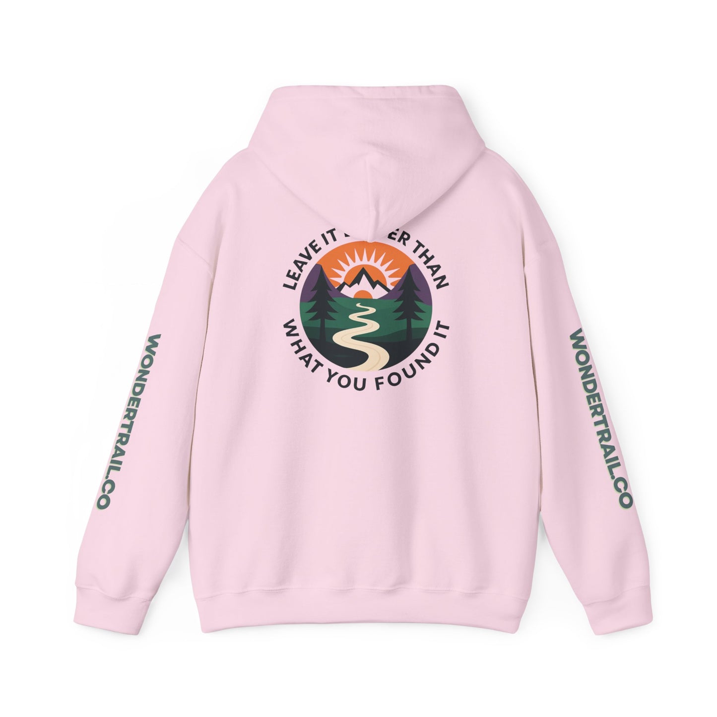 Pink hoodie with a logo and text on the back against a white background