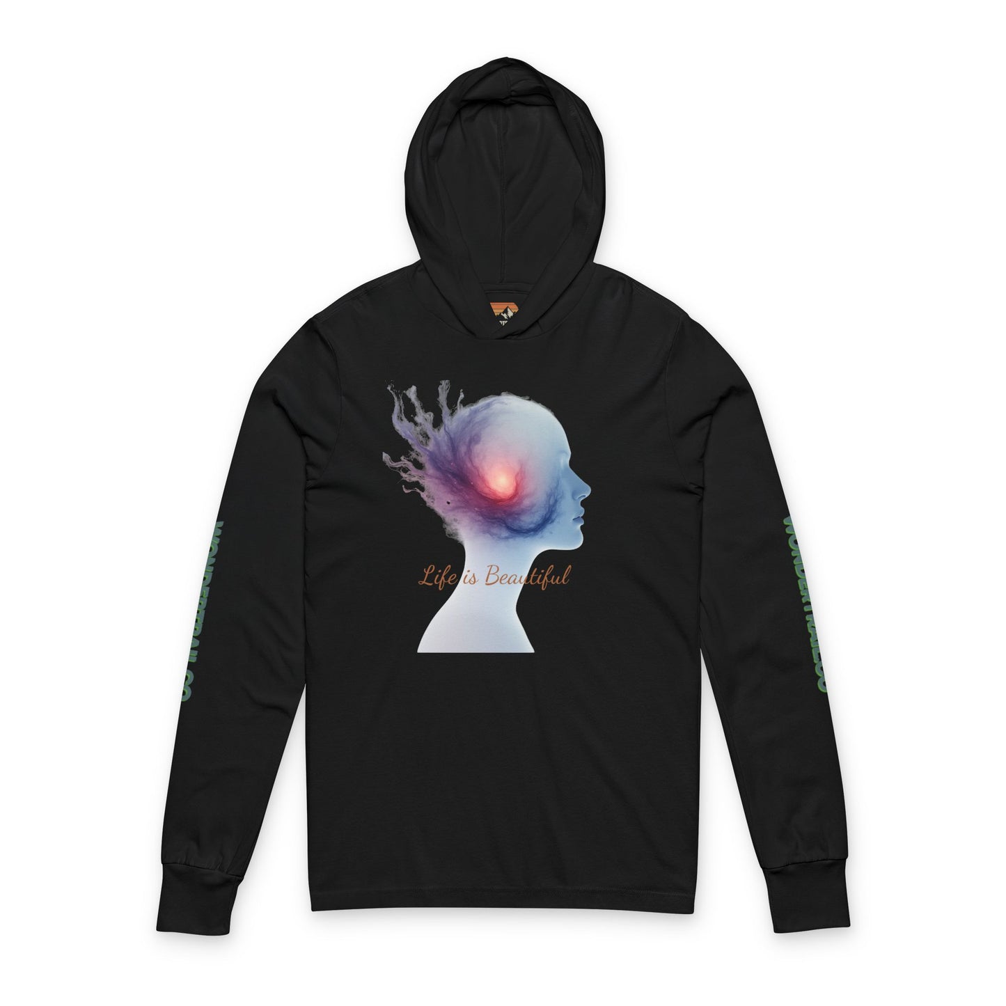 Black hoodie with a colorful graphic and 'Life is Beautiful' text on a white background