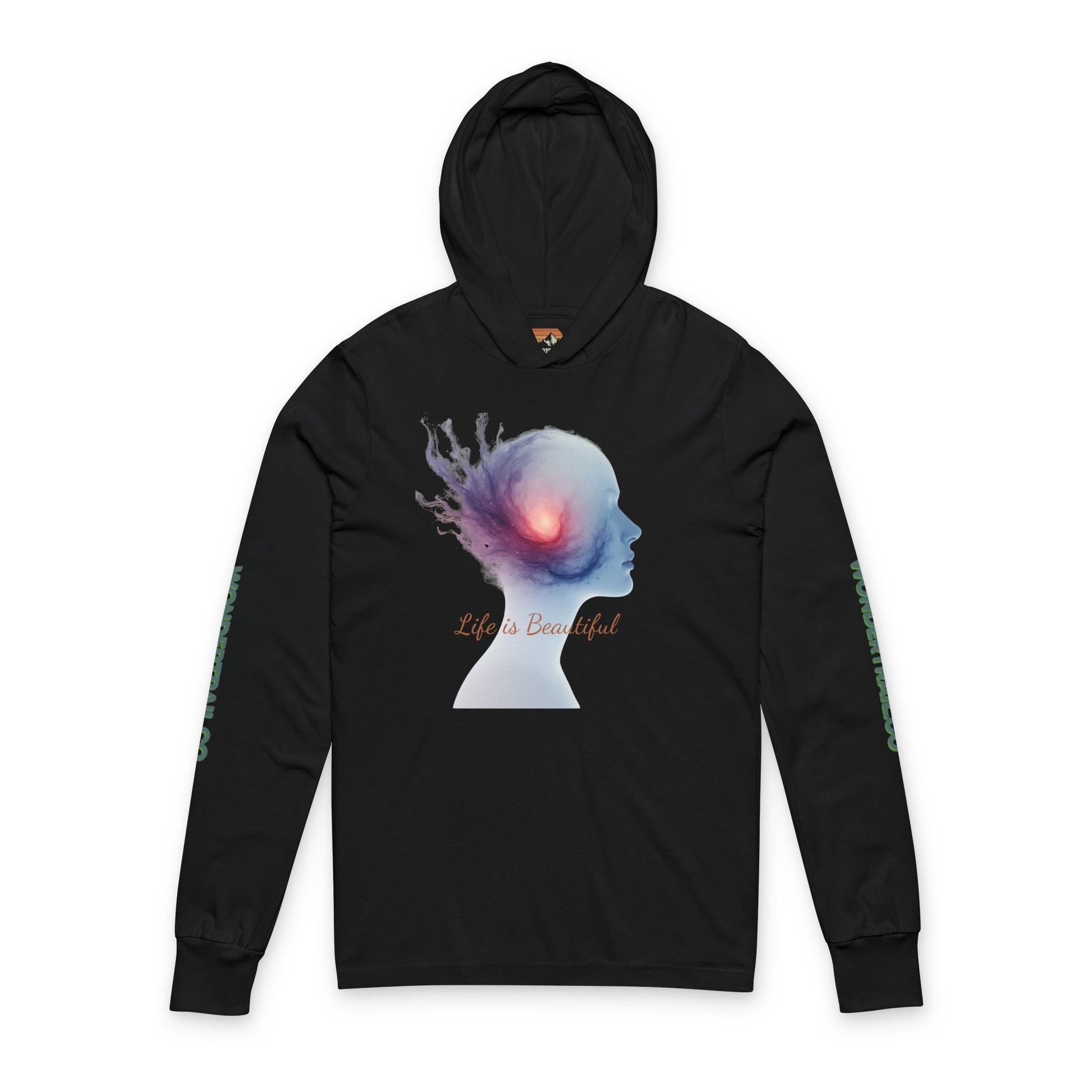 Black hoodie with a colorful graphic and 'Life is Beautiful' text on a white background