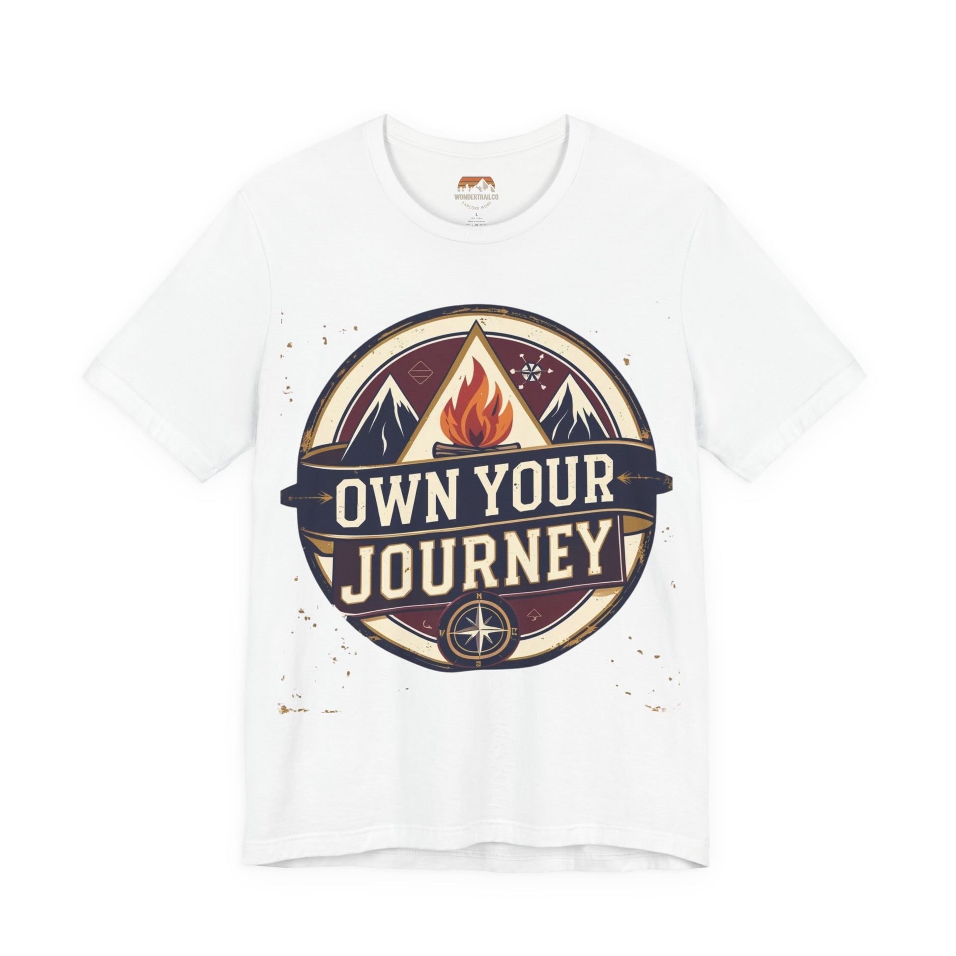 White t-shirt with 'Own Your Journey' graphic design on a white background