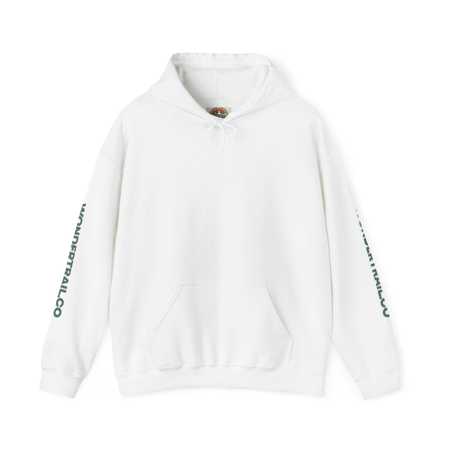 White hoodie with branding on sleeves against a white background