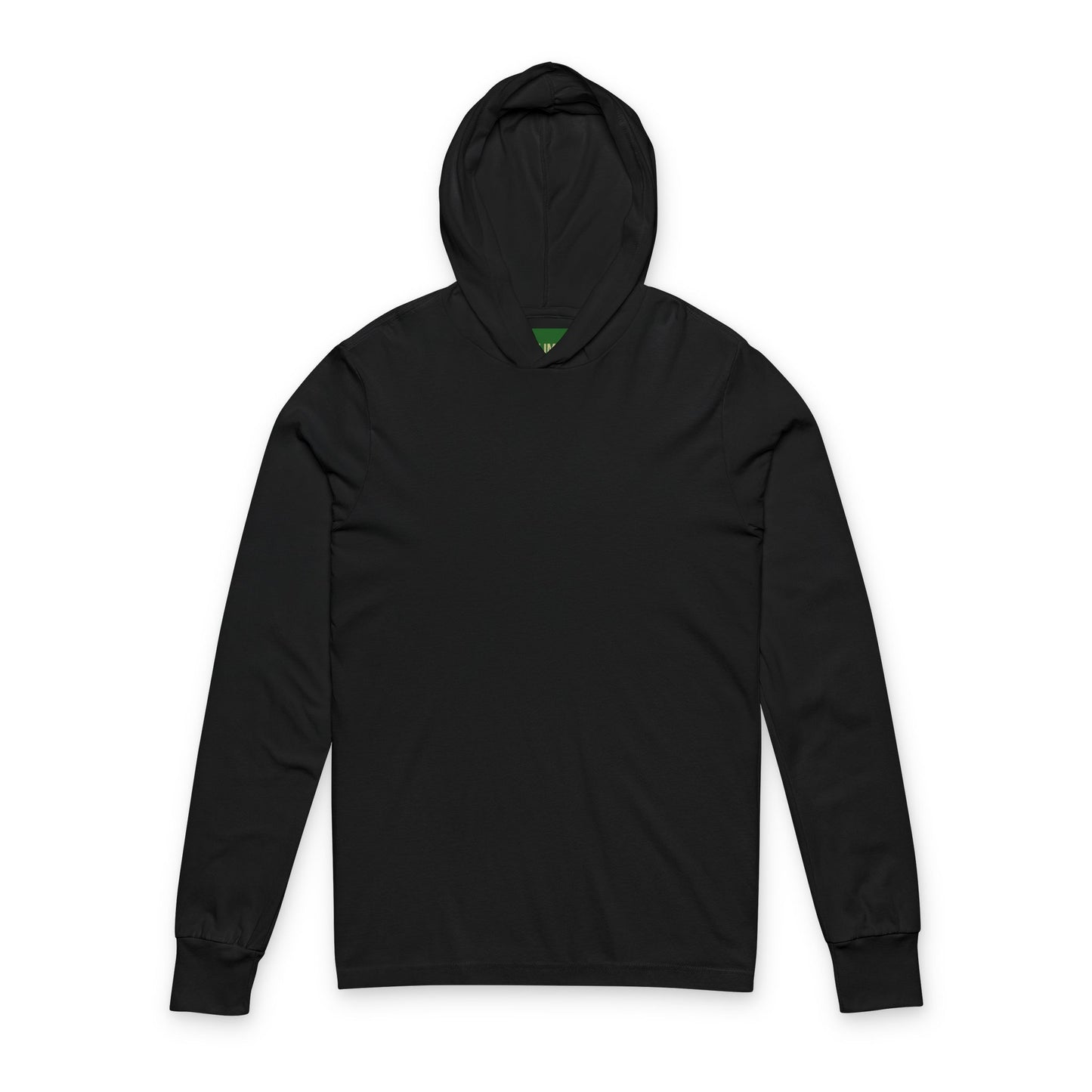 Black hoodie with a green logo on a white background