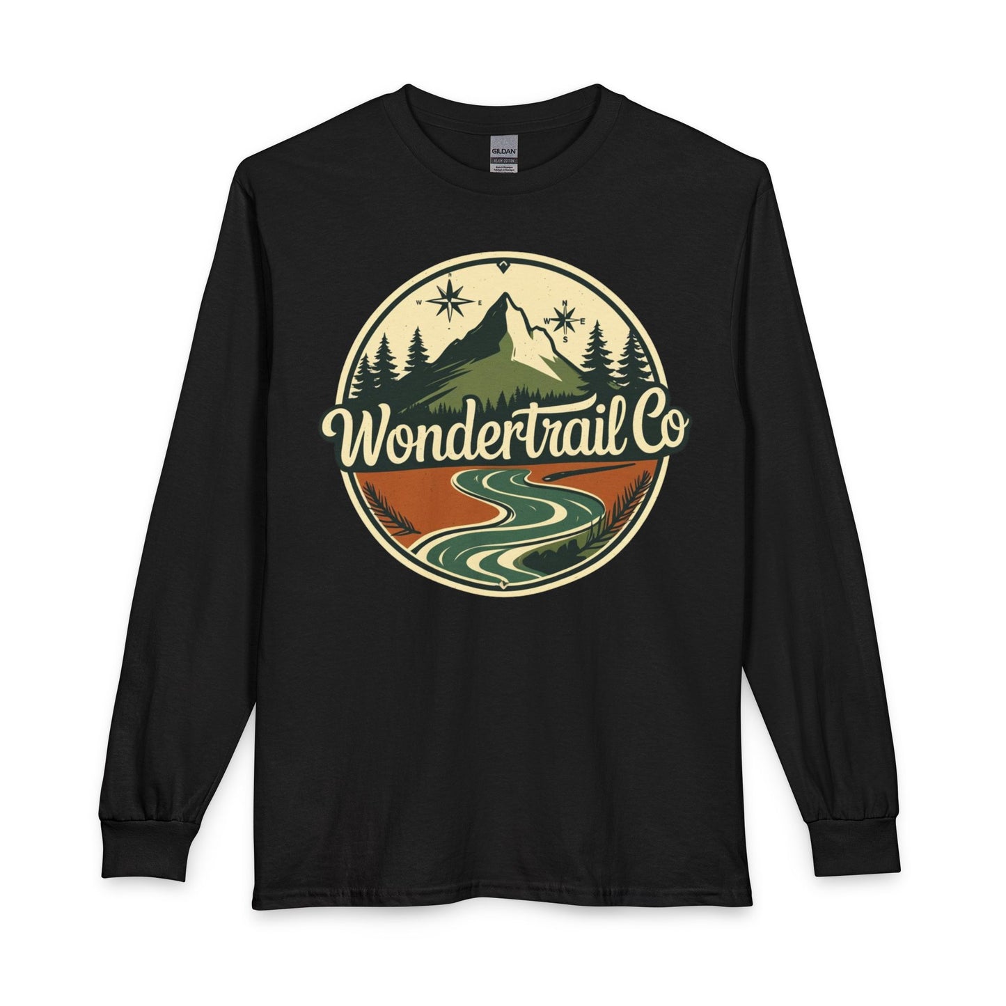 Black long-sleeve shirt with 'Wondertrail Co' logo featuring a mountain and nature design on a white background.