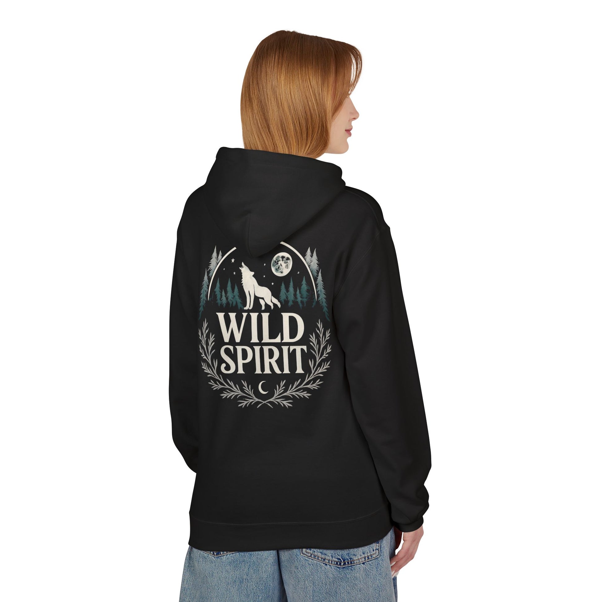 Person wearing a black hoodie with 'Wild Spirit' design on the back