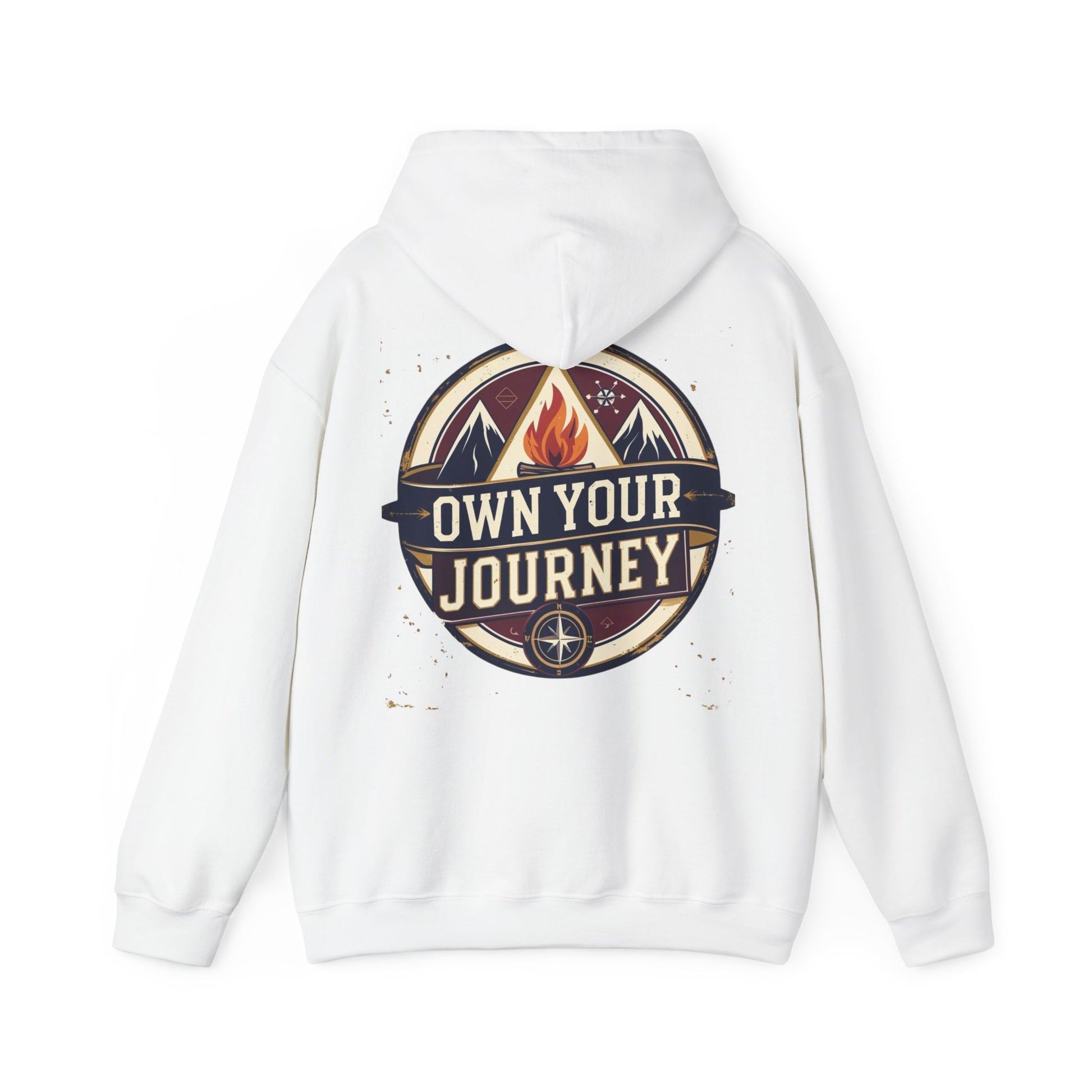 White hoodie with 'Own Your Journey' graphic on a white background