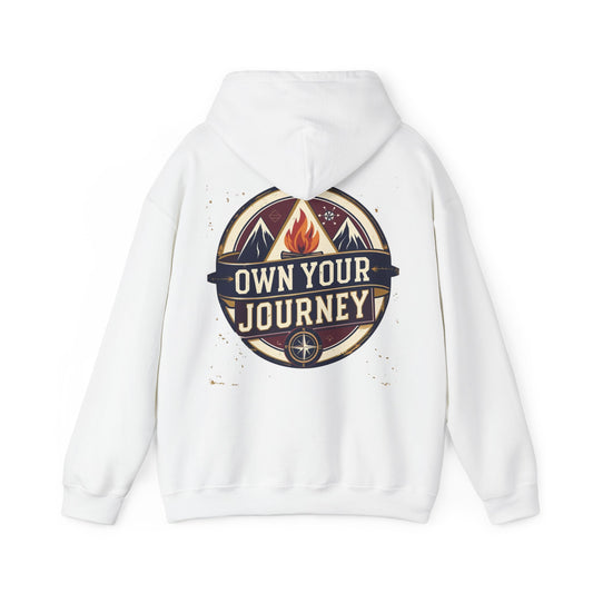 White hoodie with 'Own Your Journey' graphic on a white background