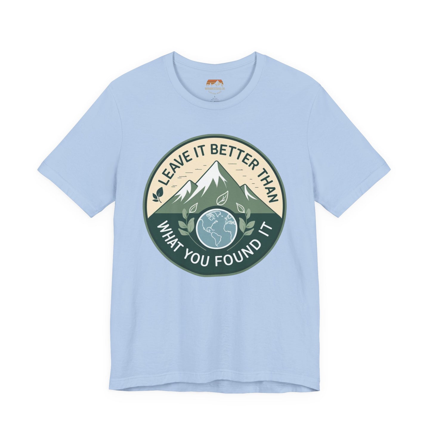 Light blue t-shirt with a graphic design featuring mountains and text on a white background
