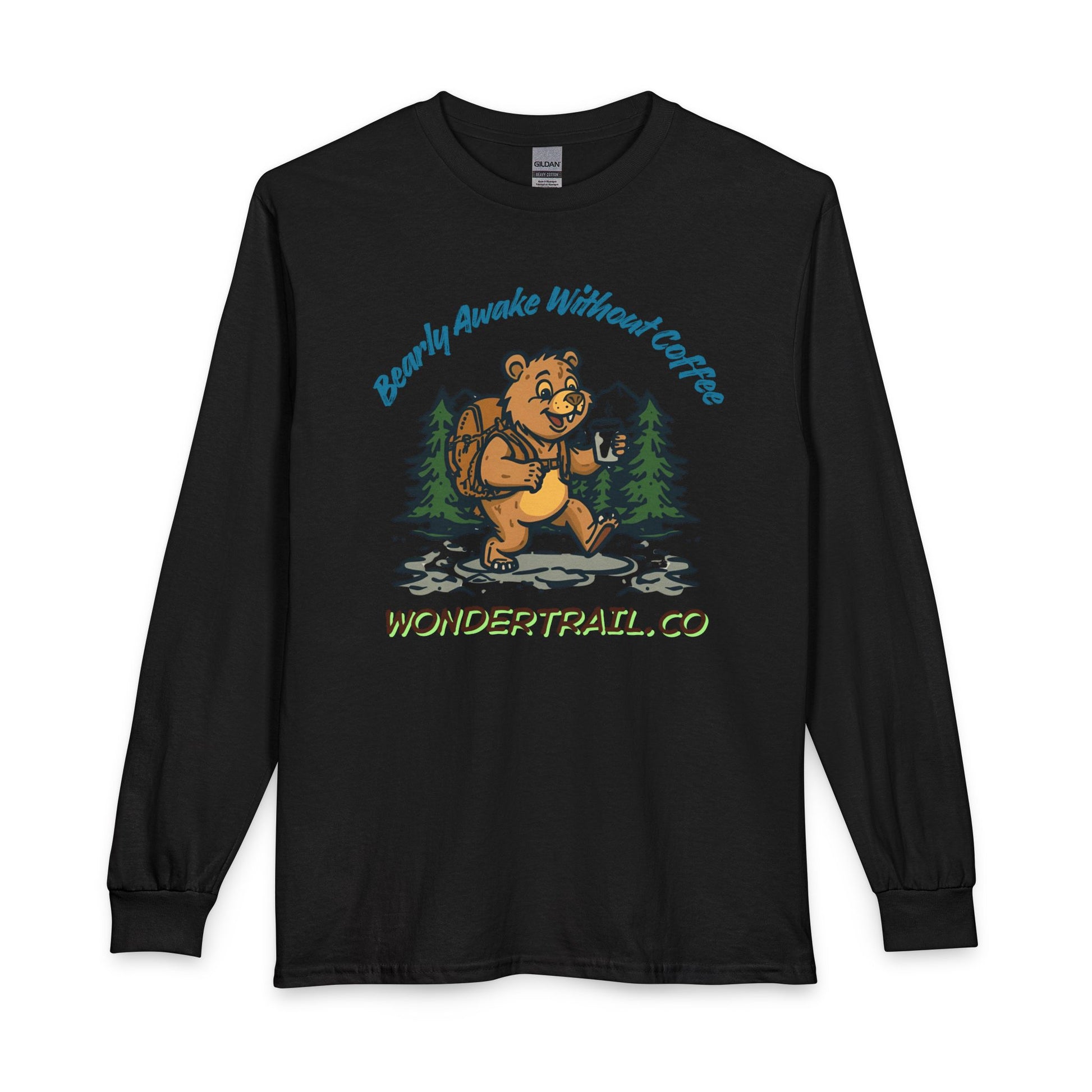 Black long-sleeve shirt with bear graphic and text on a white background