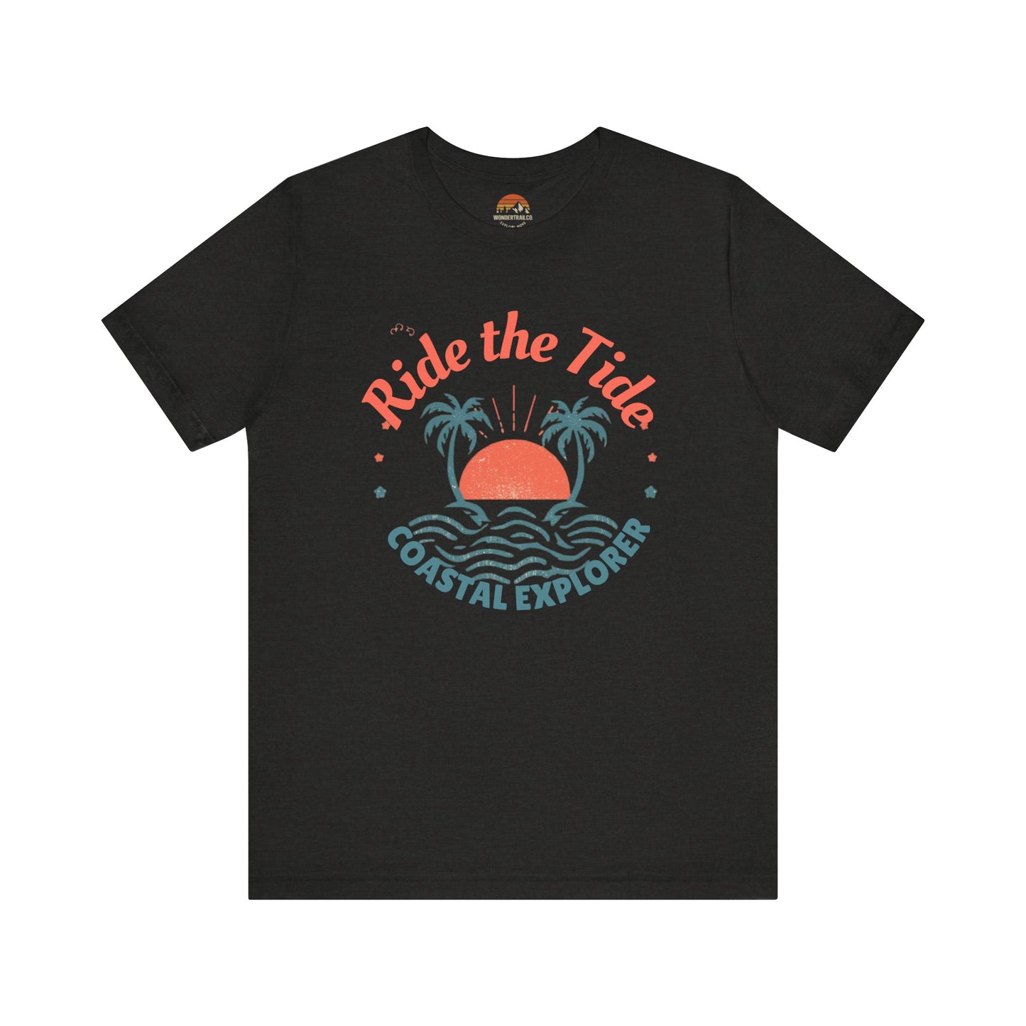Black t-shirt with 'Ride the Tide Coastal Explorer' graphic design on a white background