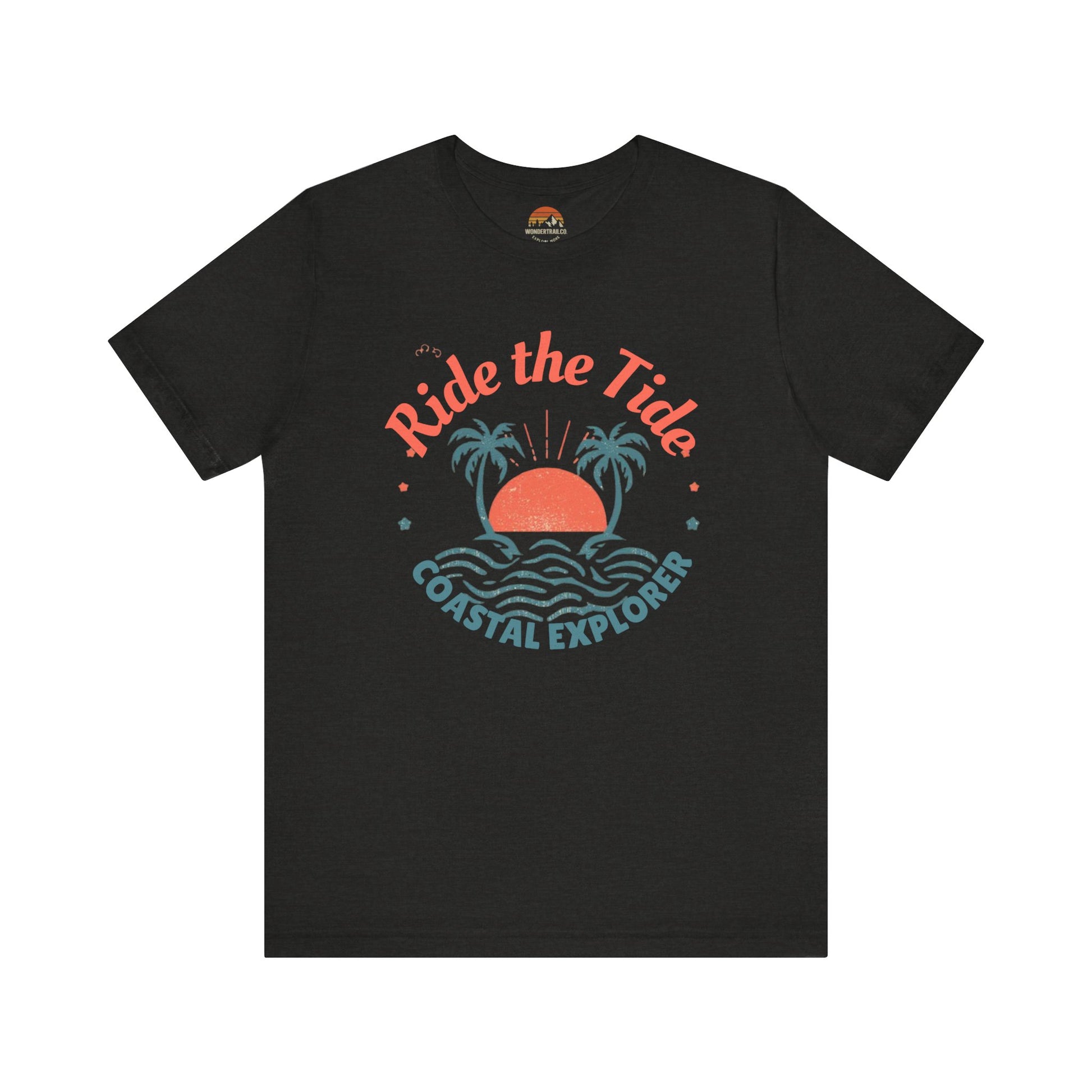 Black t-shirt with 'Ride the Tide Coastal Explorer' graphic design on a white background