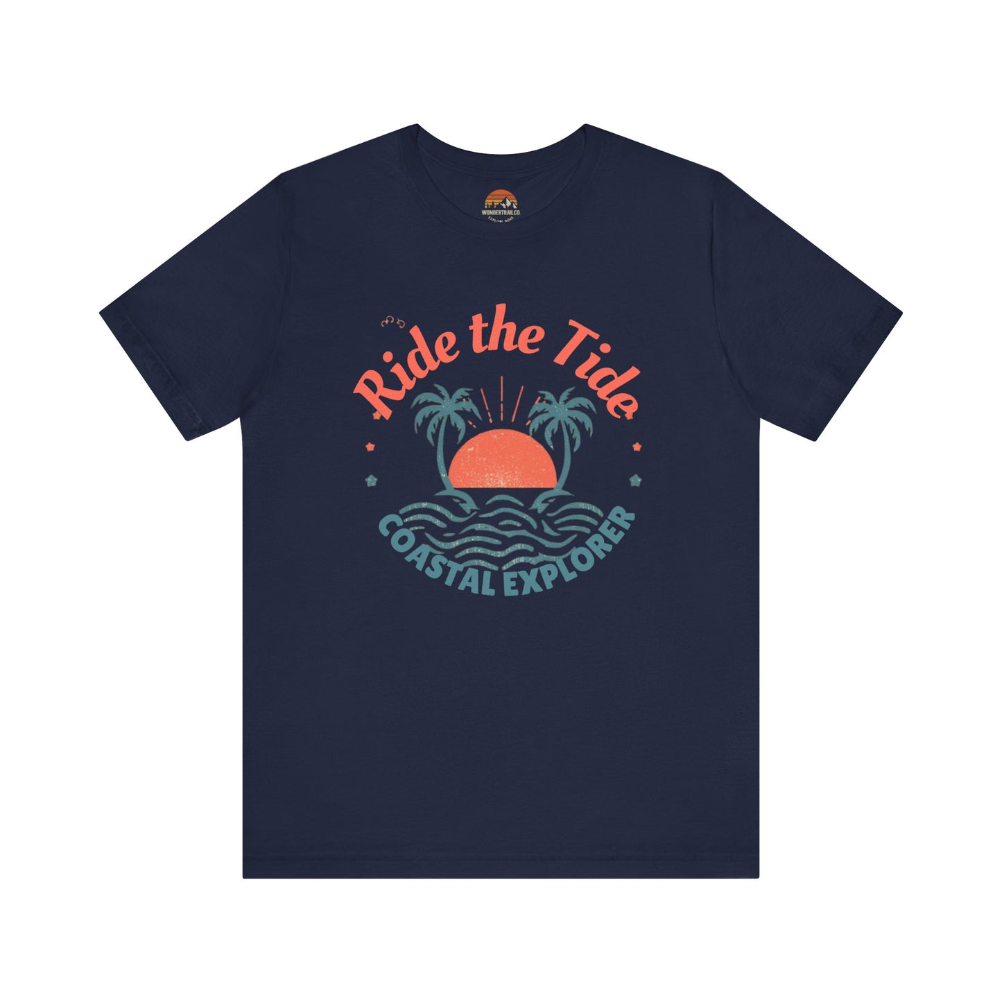 Navy blue t-shirt with 'Ride the Tide Coastal Explorer' graphic on a white background