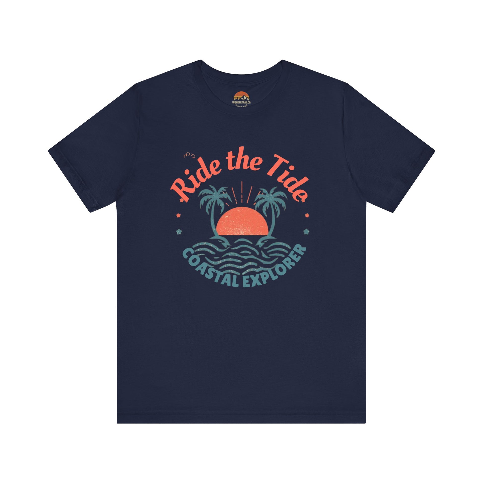Navy blue t-shirt with 'Ride the Tide Coastal Explorer' graphic on a white background